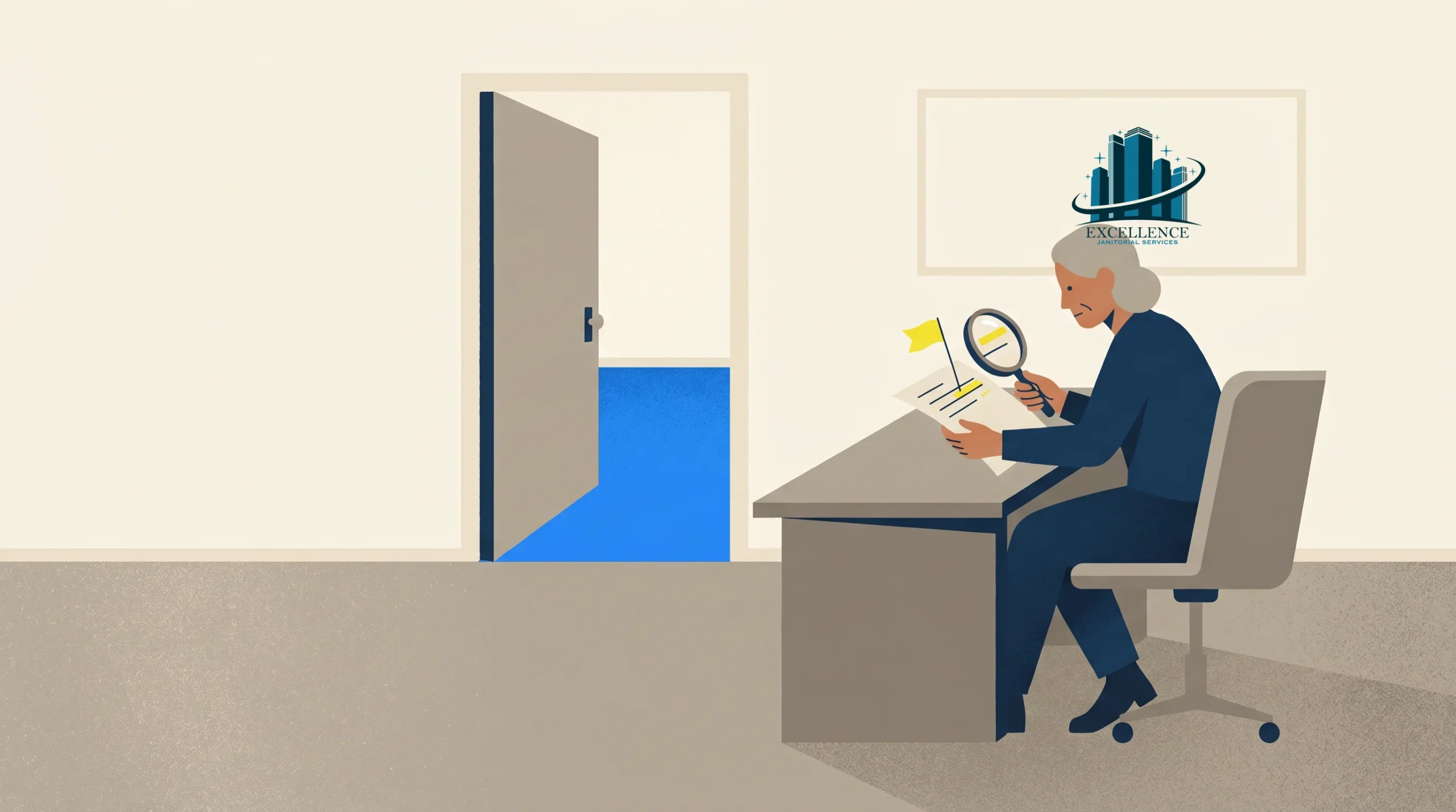 An older person sits at a desk examining a document with a magnifying glass. The office door is open, revealing a blue floor. A framed logo with skyscrapers and the word "EXCELLENCE" hangs on the wall.