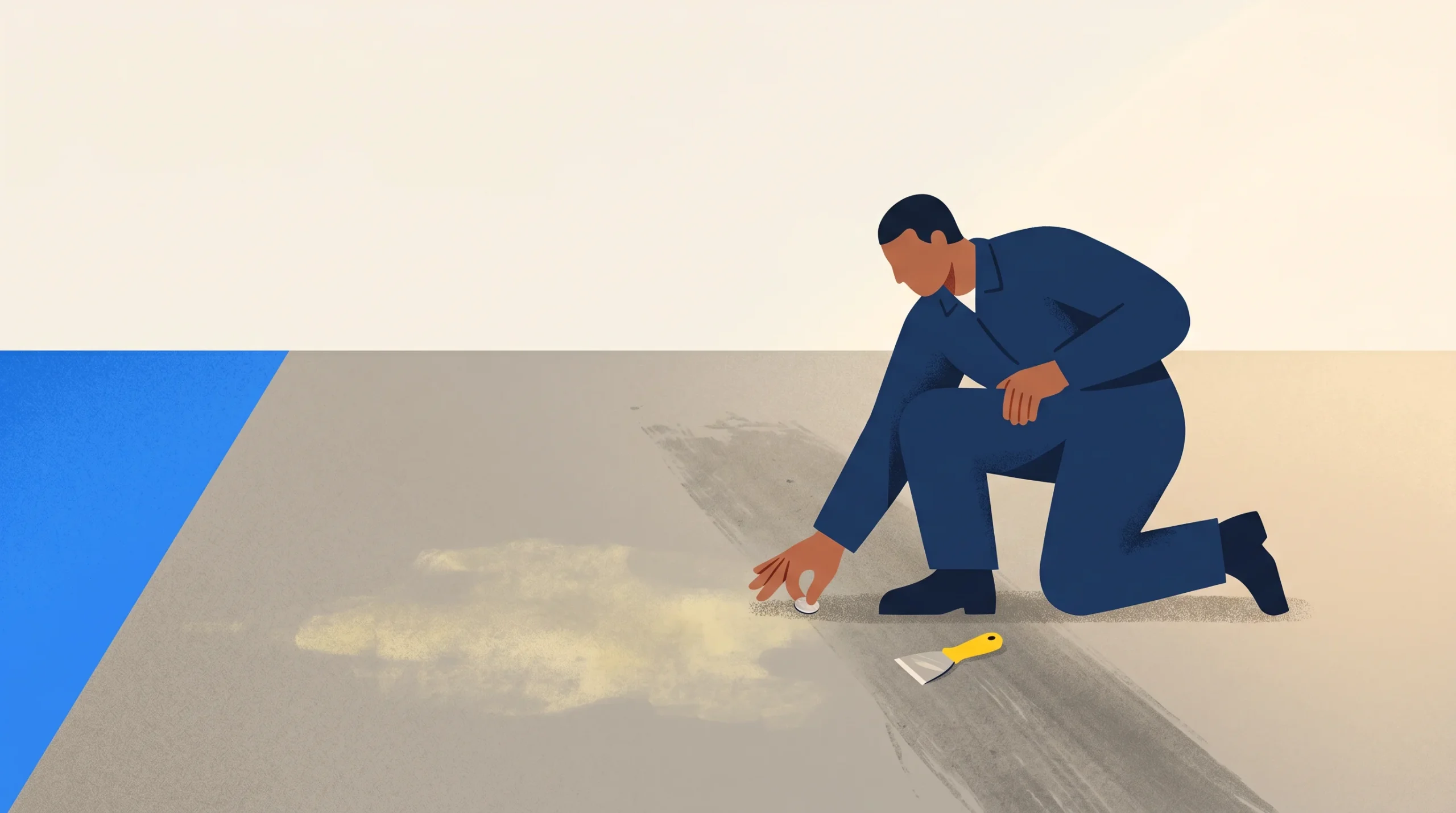 A person in blue coveralls kneels on the ground, spreading or inspecting a light-colored powder on the floor. A putty knife lies nearby and a blue line is visible on the left edge of the image.