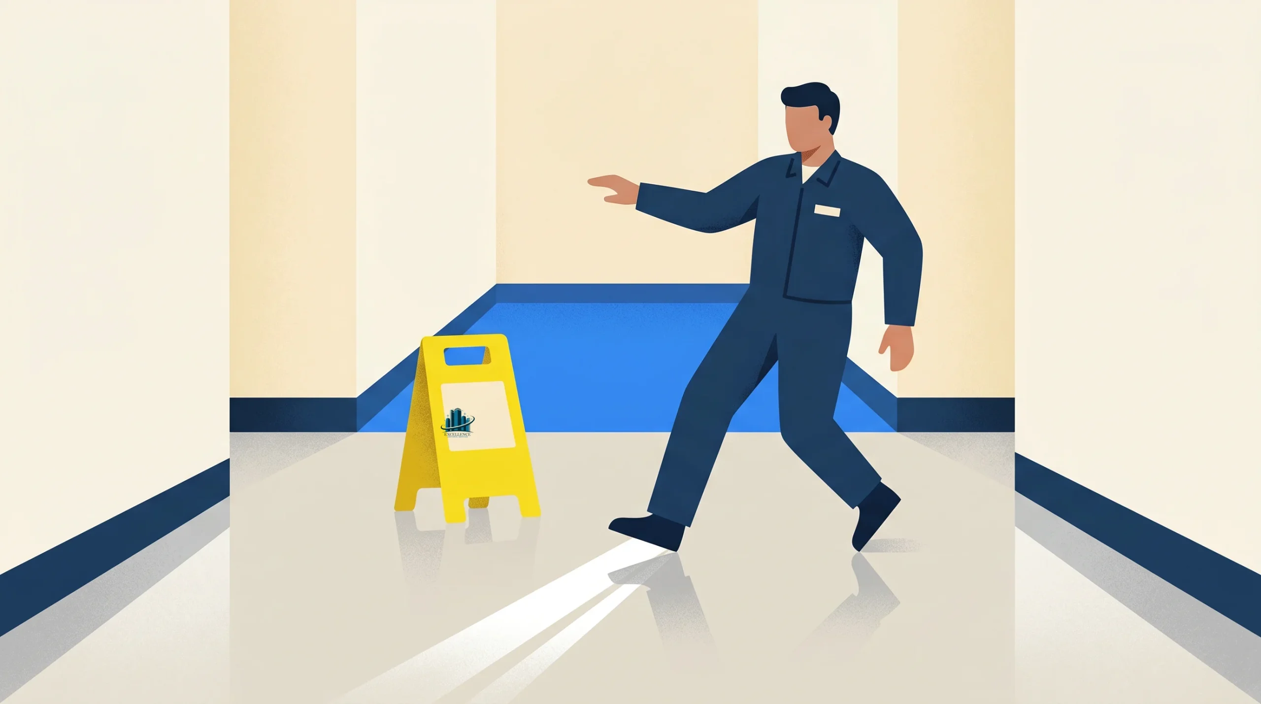 A person in a dark uniform slips on a shiny floor near a yellow caution sign in a hallway, with blue markings and beige walls.