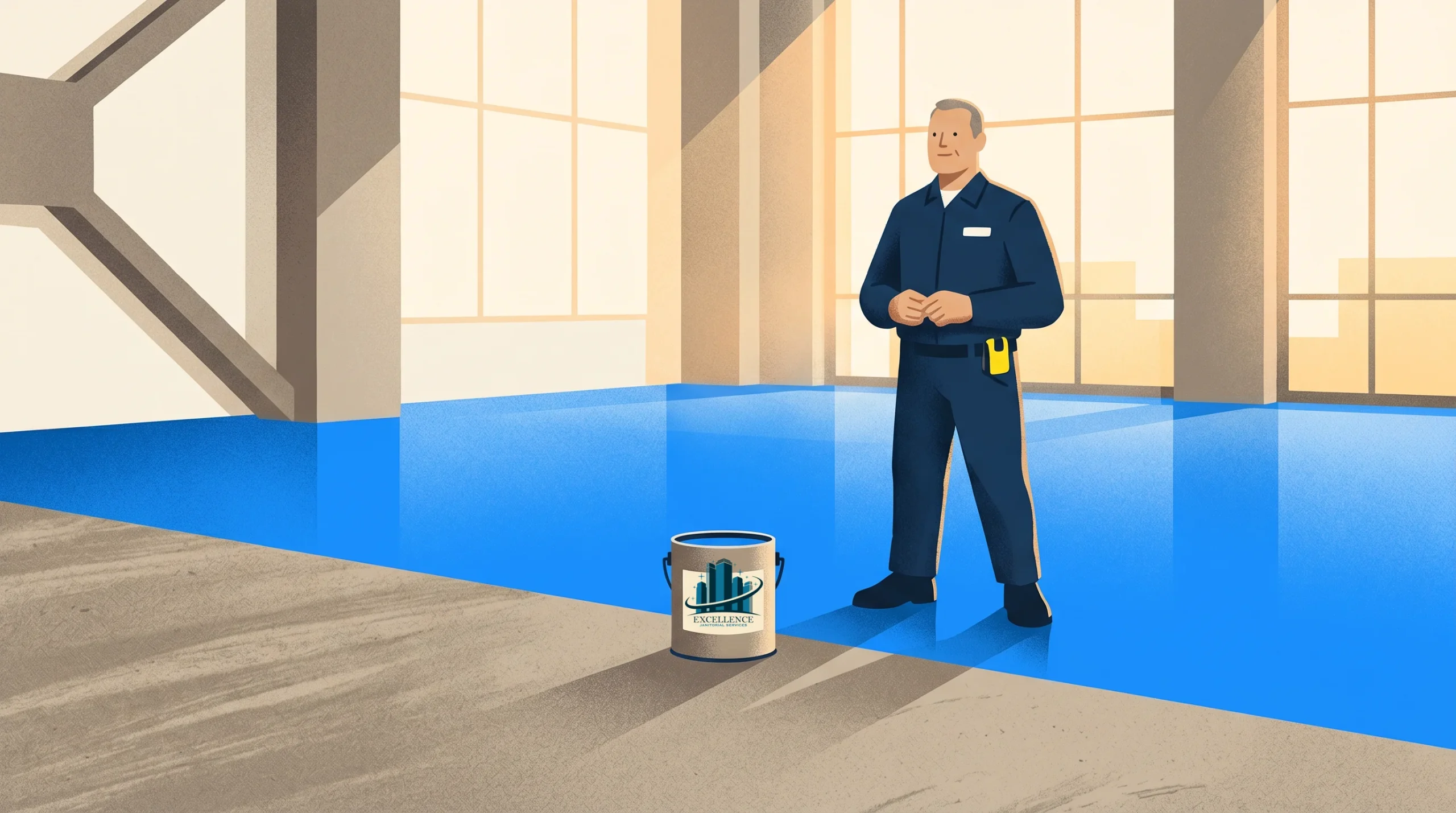 A person in a blue uniform stands on a blue-tinted floor in a spacious, sunlit room. A paint can labeled "Solvent" is placed on the floor near the person. Large windows and industrial walls are visible.