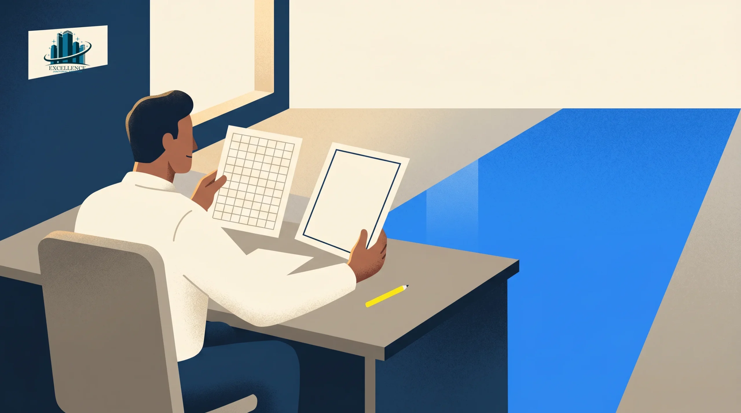 A person sits at a desk holding a sheet with a grid and another blank sheet, with a pencil on the desk. There is a window to the left, and a blue floor extends into the distance. A logo is visible on the wall.