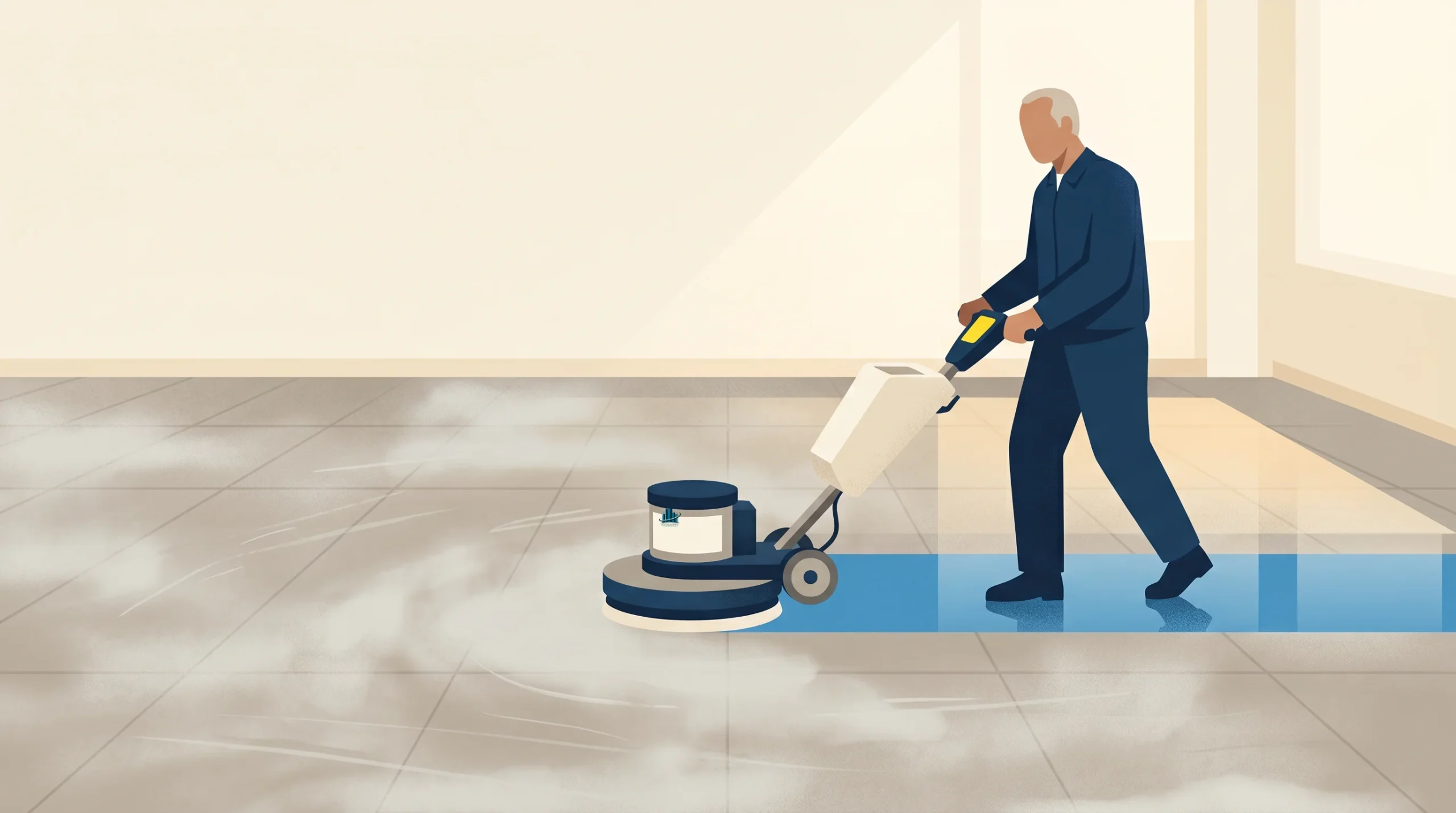 A person in work attire operates a floor cleaning machine on a tiled surface, with water or cleaning solution creating a mist around the area being cleaned.