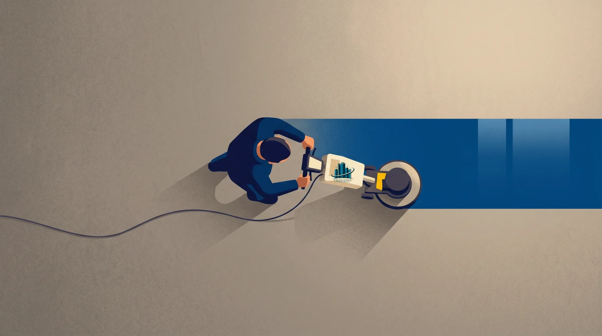 A person uses a floor cleaning machine on a beige surface, creating a wide, clean blue strip as they move forward. The image is viewed from above, and the person's shadow is visible.