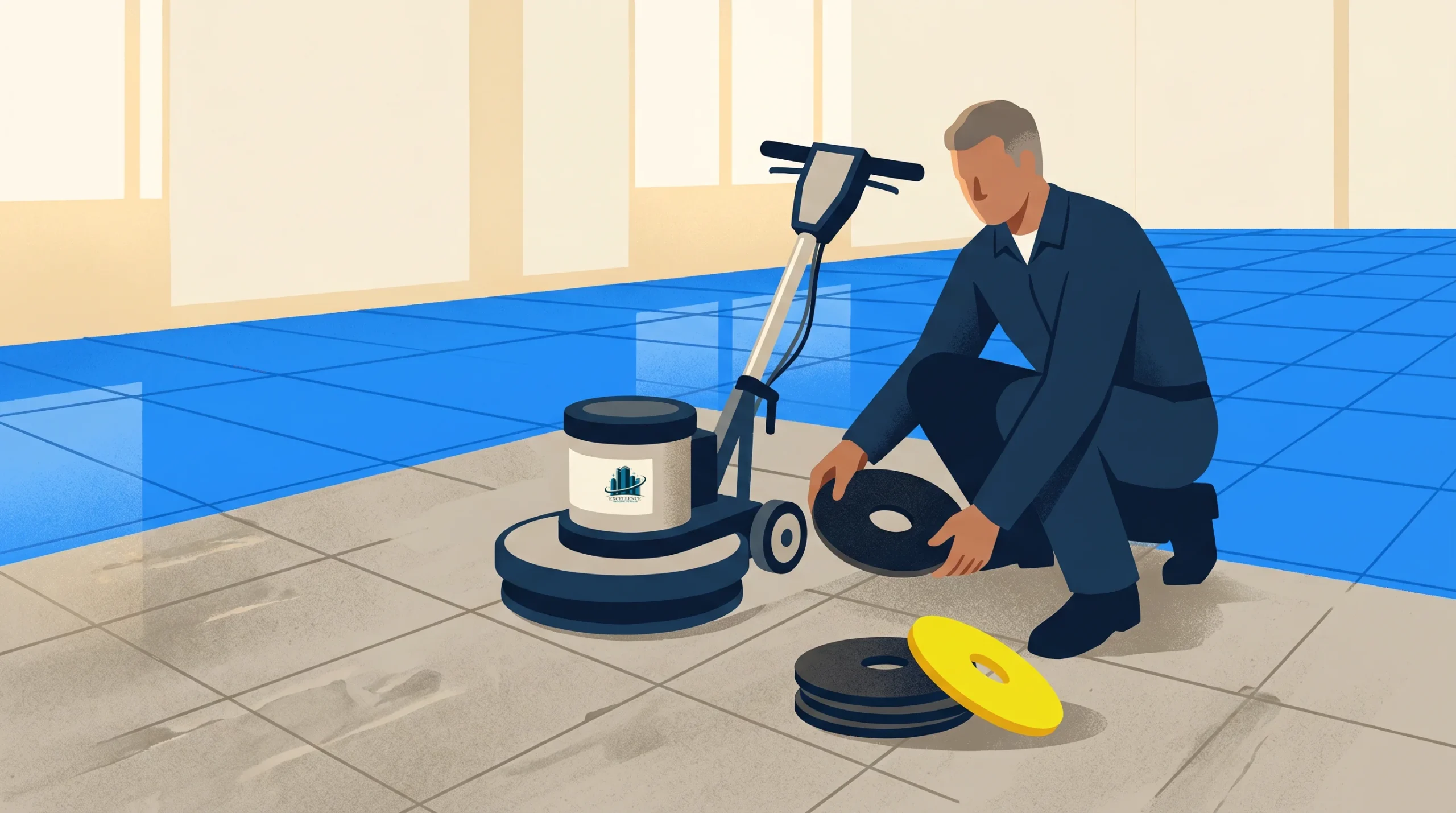 A man in a blue uniform kneels on a tiled floor, preparing a floor cleaning machine by selecting pads. Several pads, including a yellow one, are placed on the floor next to him. The area appears to be a large indoor space.