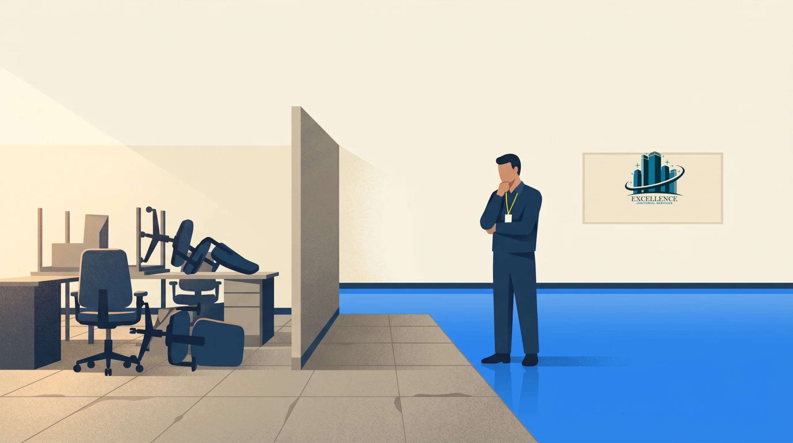 A man in business attire stands on a blue floor, looking at a messy office cubicle with an overturned chair. A framed picture with the word "excellence" hangs on the wall behind him.