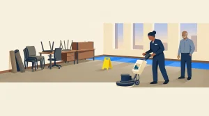 A woman in uniform operates a floor cleaning machine in a room with stacked chairs, desks, rolled carpets, and a yellow caution sign. A man stands nearby observing. Large windows let in light.