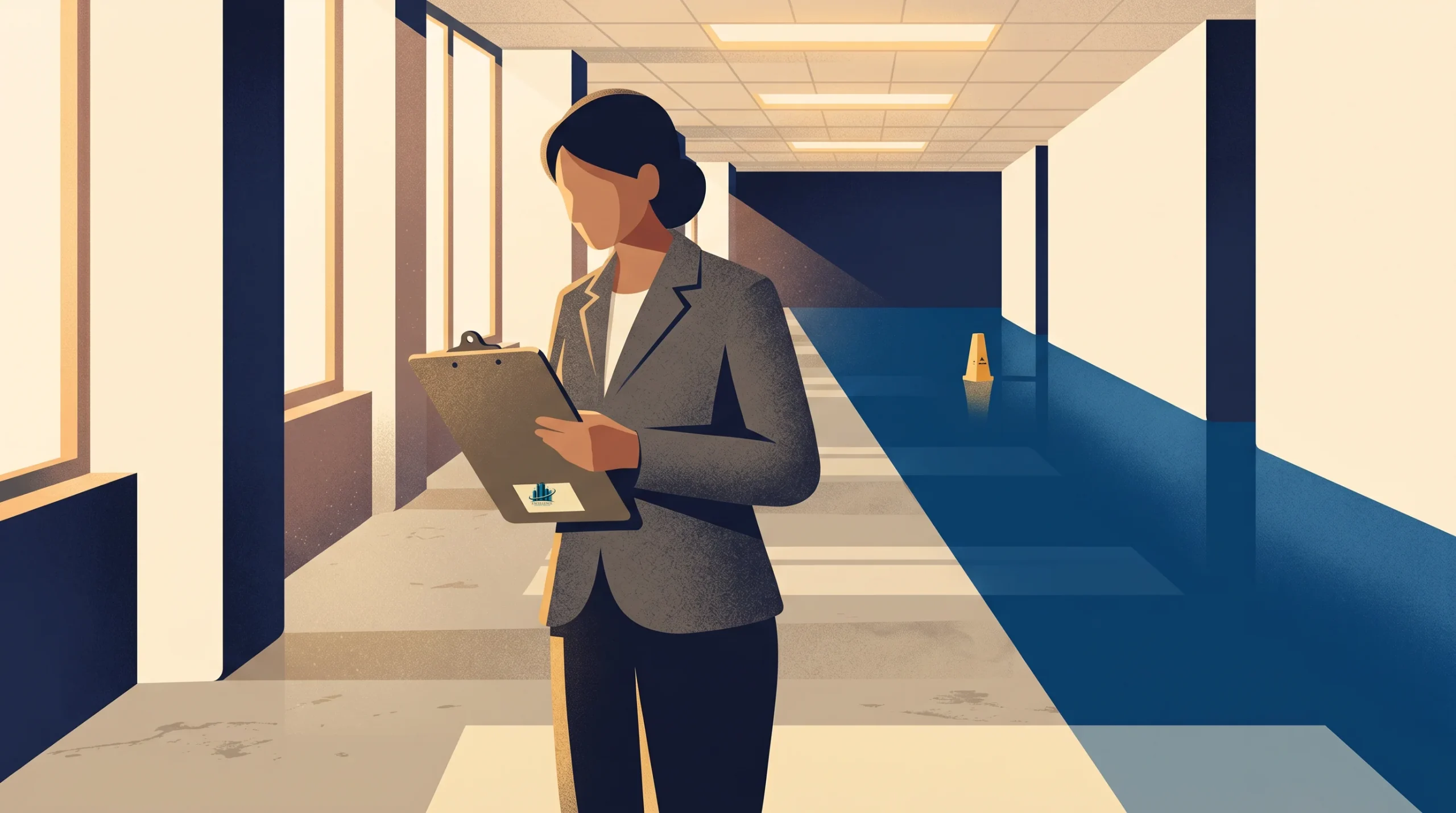 An illustrated woman in a gray blazer holds a clipboard and stands in a brightly lit hallway with large windows. A caution sign is visible on the floor in the background.