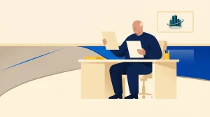 An illustration of a person sitting at a desk holding two sheets of paper, with office supplies and a framed "Excellence" certificate on the wall in the background.
