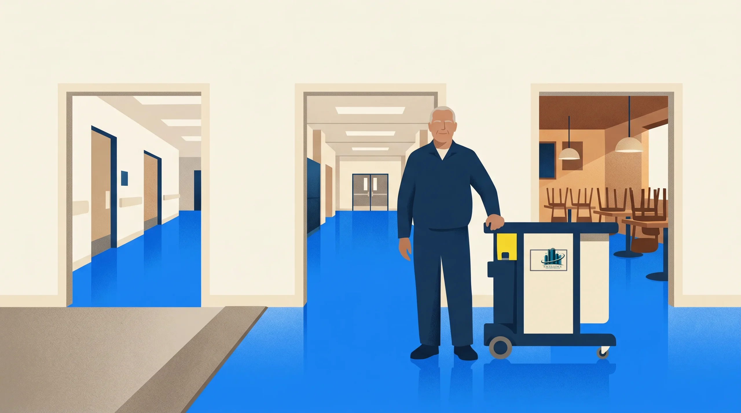 A man in a dark blue uniform stands in a hallway with bright blue floors, holding a janitorial cart. Two open doorways reveal empty rooms; one has stacked chairs on tables. The setting appears to be a clean, modern facility.