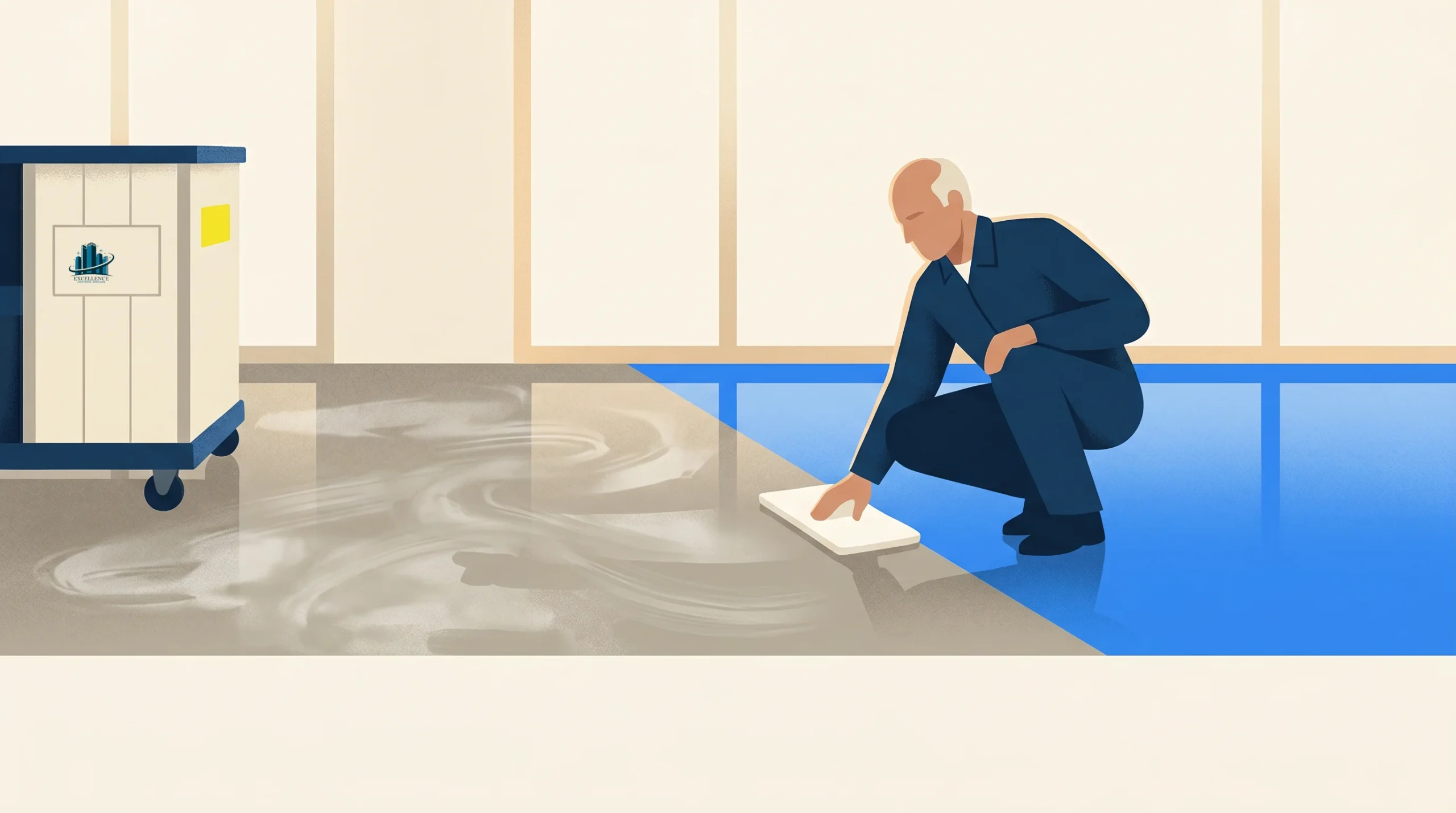 A person in work clothes crouches on a blue mat while cleaning a gray floor with a cloth. A large bin is visible on the left side of the image.