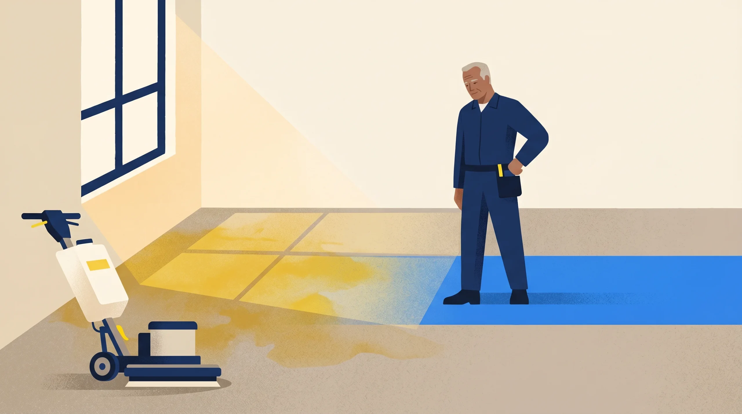 An older man in a blue uniform stands on a blue mat, looking at a large yellow stain on the floor. A floor cleaning machine with a white tank is positioned nearby near the stained area.