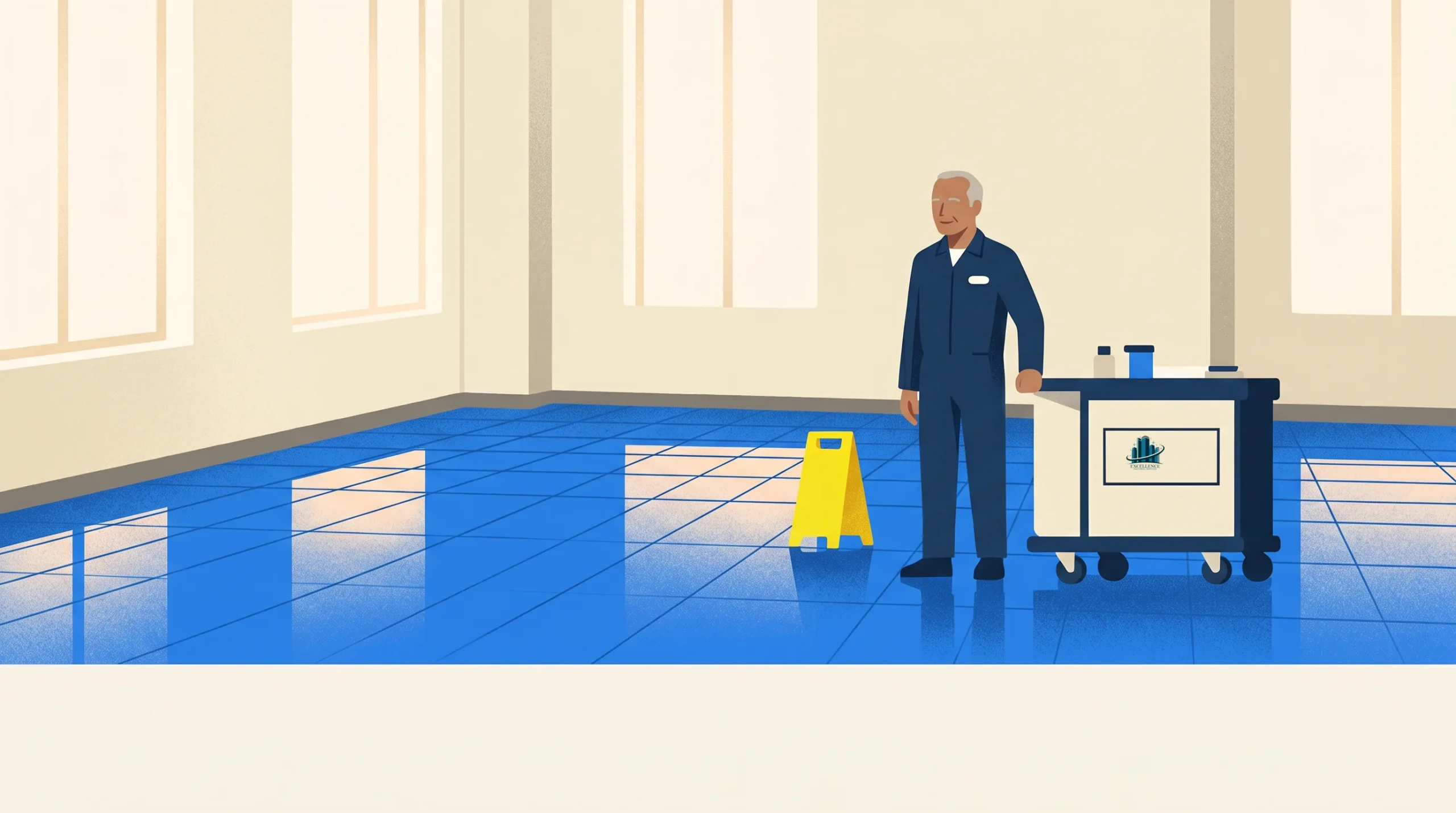 An older man in a janitor uniform stands next to a cleaning cart and a yellow wet floor sign on a shiny blue-tiled floor in a bright, empty room with large windows.