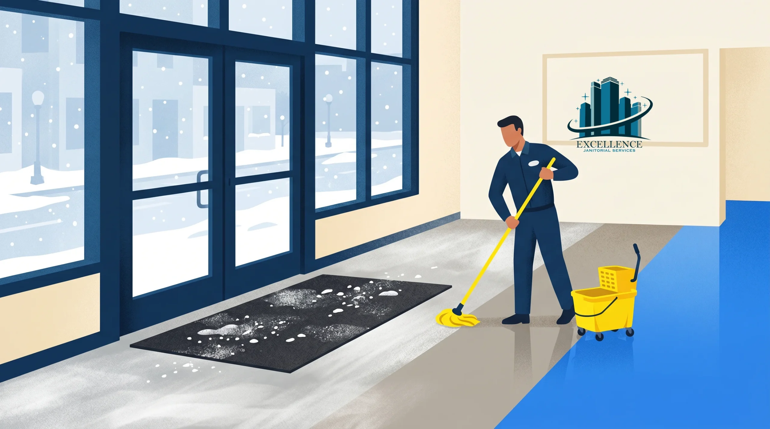 A custodian mops the wet floor near the entrance of a building on a snowy day. A yellow mop bucket is beside him, and snow can be seen outside through large glass windows.