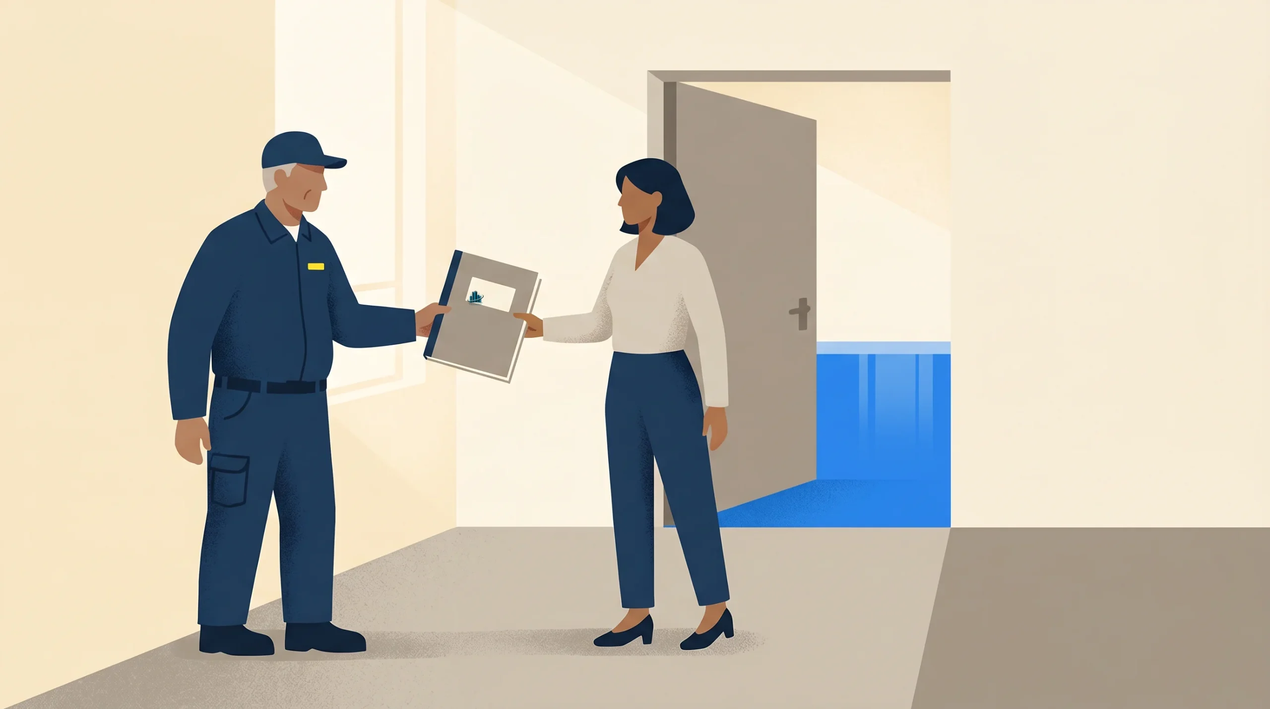 A delivery worker in uniform hands a package to a woman standing indoors near an open door with blue flooring visible in the next room. Both people appear to be having a neutral exchange.