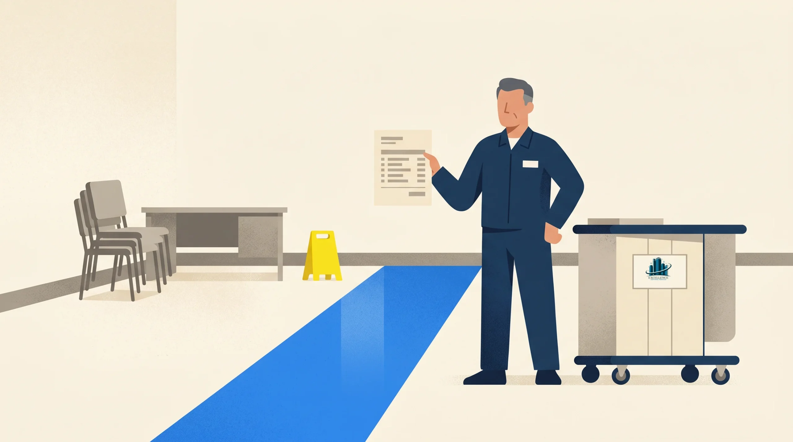 An illustration of a janitor in uniform holding a checklist, standing next to a cleaning cart. There is a blue walkway, a caution wet floor sign, some stacked chairs, and a desk in the background.