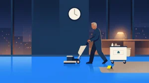 An older person in work clothes uses a floor cleaning machine in an office at night. A janitorial cart with supplies and a “wet floor” sign is nearby. A large clock and city lights are seen in the background.