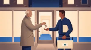 An older man hands keys to a younger man dressed in blue work clothes outside a building entrance. The younger man holds a toolbox and folder. The setting appears professional and businesslike.