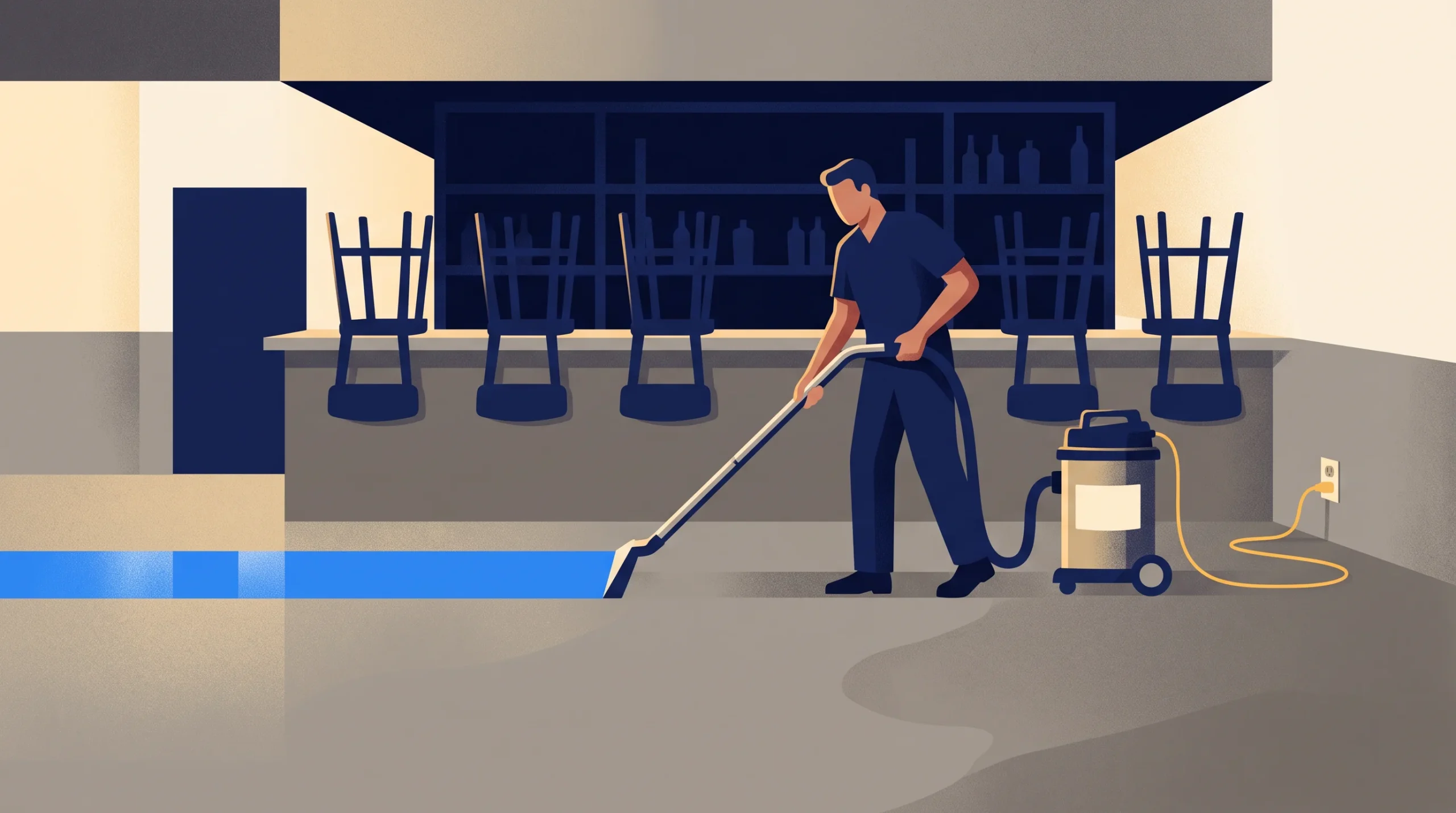 A person uses a wet vacuum to clean a floor in front of a bar with stacked chairs. The vacuum is plugged into a wall outlet, and the space appears closed or not in use.