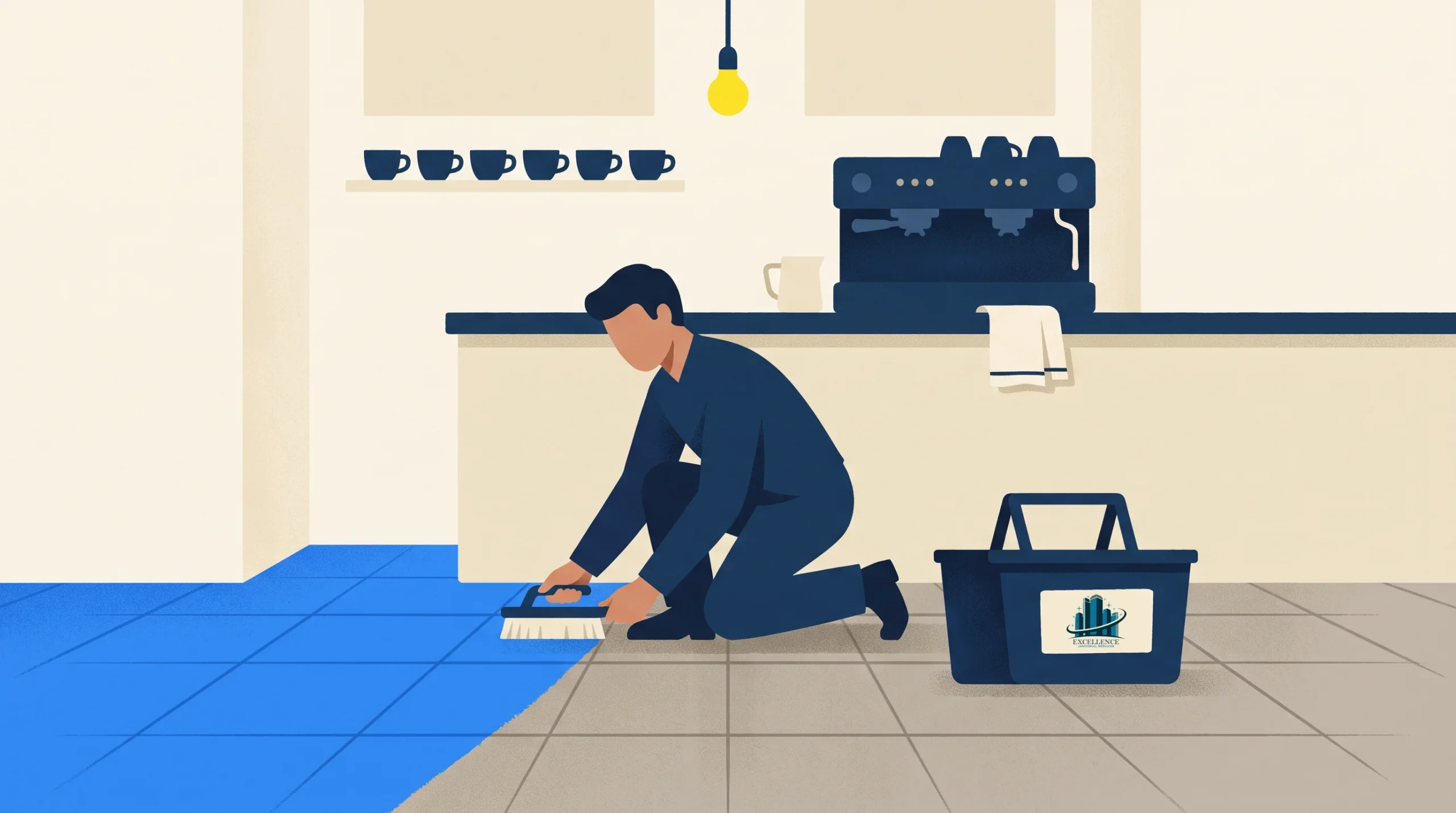 A person in uniform scrubs a tiled floor with a brush in a kitchen or café setting. A counter with a coffee machine and mugs is in the background. A cleaning supply container is beside the person.