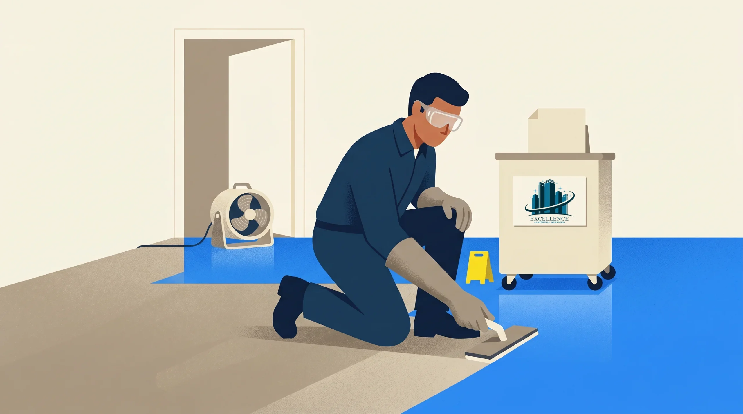 A person wearing safety goggles and gloves is kneeling on the floor, cleaning or applying a substance with a tool. Nearby are a cleaning cart with a logo, a fan, and a wet floor sign.