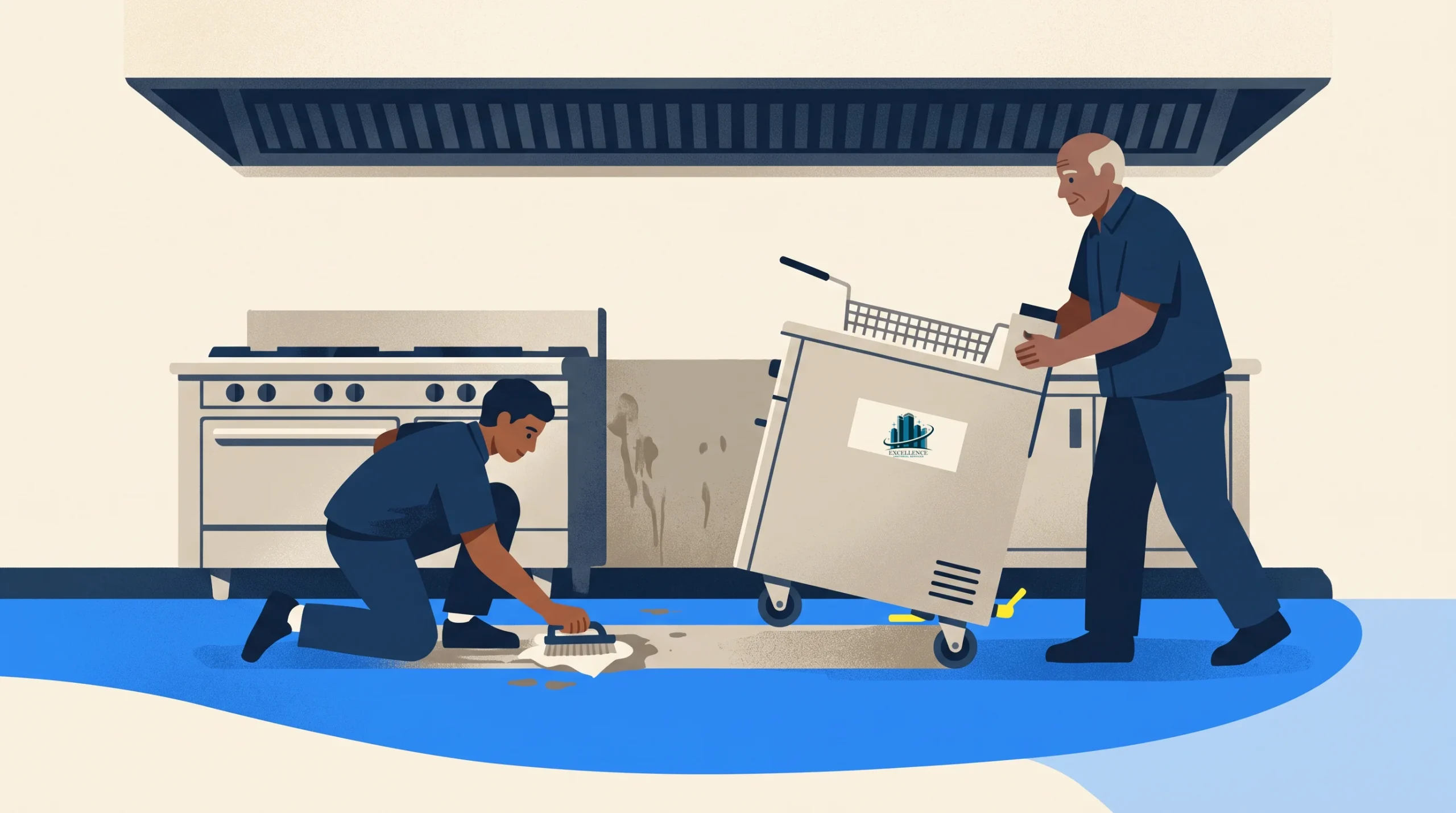 Two people in uniforms clean a commercial kitchen. One kneels scrubbing the floor while the other moves a cleaning cart. The area appears to have spills and dirt near the stove.