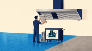 A person in uniform removes metal filters from a large overhead vent, placing them in a cart labeled “Excellence Hood Cleaning,” standing on a blue-tiled floor next to a gray-tiled area.