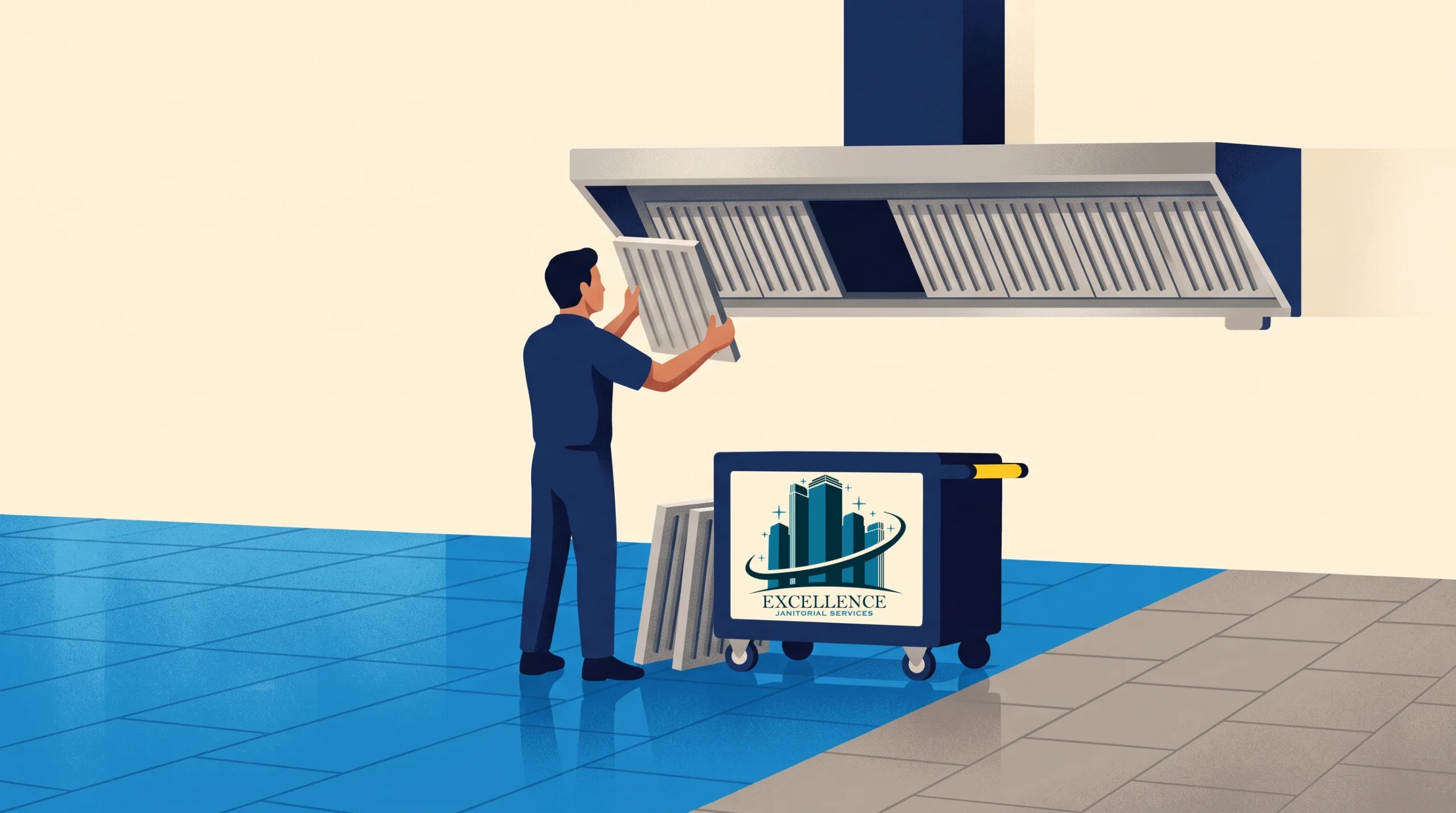 A person in uniform removes metal filters from a large overhead vent, placing them in a cart labeled “Excellence Hood Cleaning,” standing on a blue-tiled floor next to a gray-tiled area.