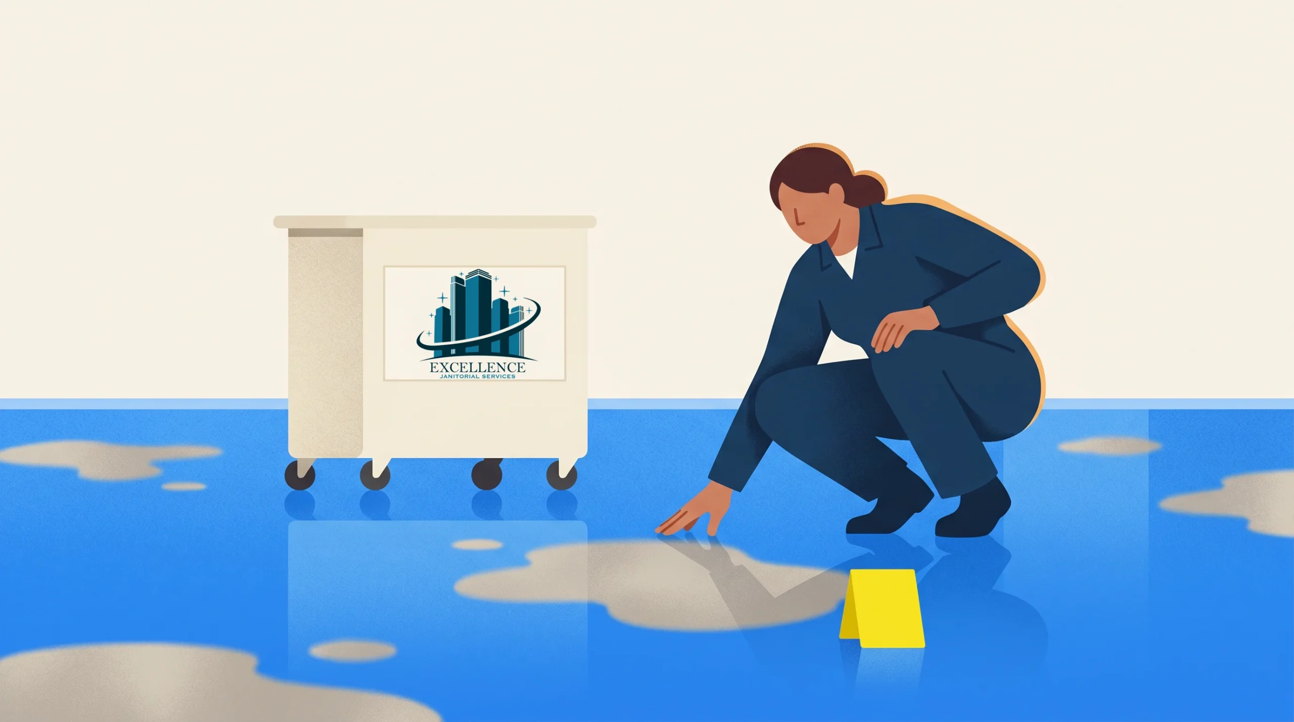 A person in a dark blue uniform crouches to clean a spill on a shiny blue floor next to a white cleaning cart labeled "Excellence." A yellow warning sign is on the floor nearby.