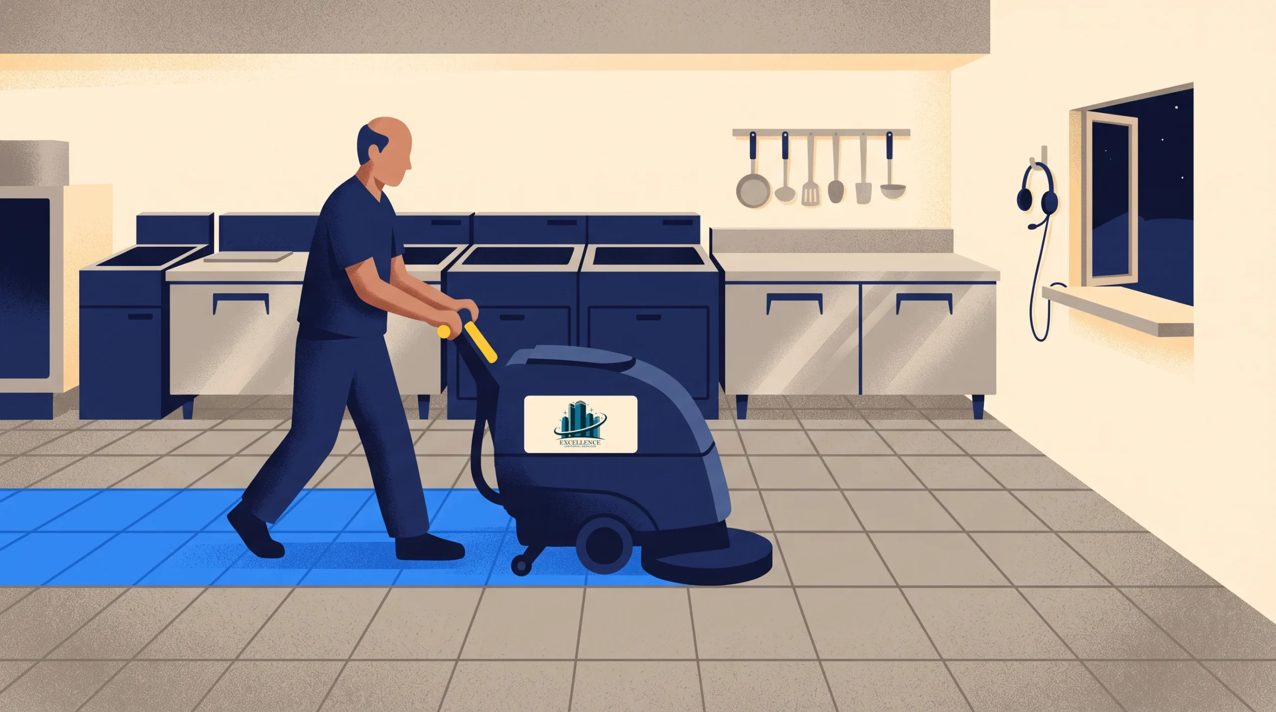 A person operates a floor scrubbing machine on a tiled kitchen floor. Kitchen equipment, including stoves, cabinets, utensils, and headphones, are visible in the background.