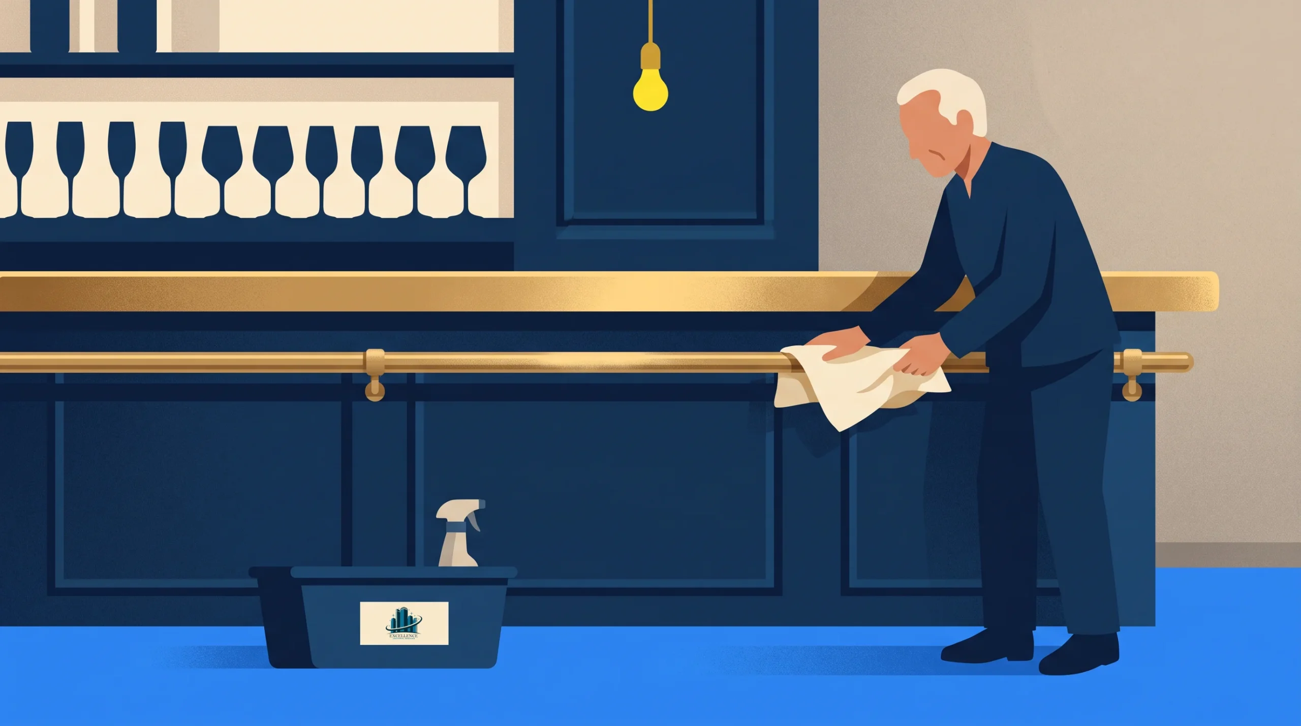 An elderly man with white hair wipes a brass railing with a cloth in a modern-looking room. A cleaning caddy with supplies sits on the blue floor. Shelves with glasses and a hanging lightbulb are visible in the background.
