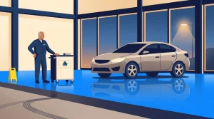 A person in work attire stands next to a cleaning cart on a shiny blue floor inside a showroom with large windows. A gray sedan is parked nearby. A yellow caution sign is visible in the background.
