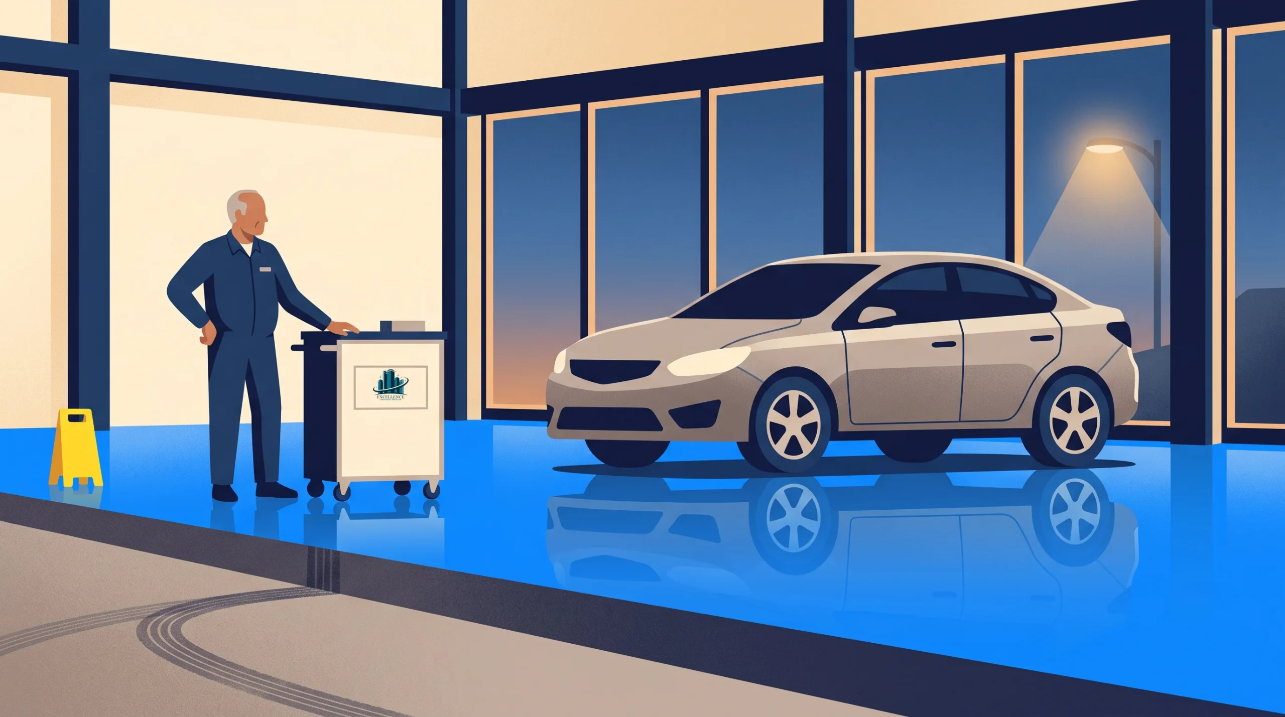 A person in work attire stands next to a cleaning cart on a shiny blue floor inside a showroom with large windows. A gray sedan is parked nearby. A yellow caution sign is visible in the background.