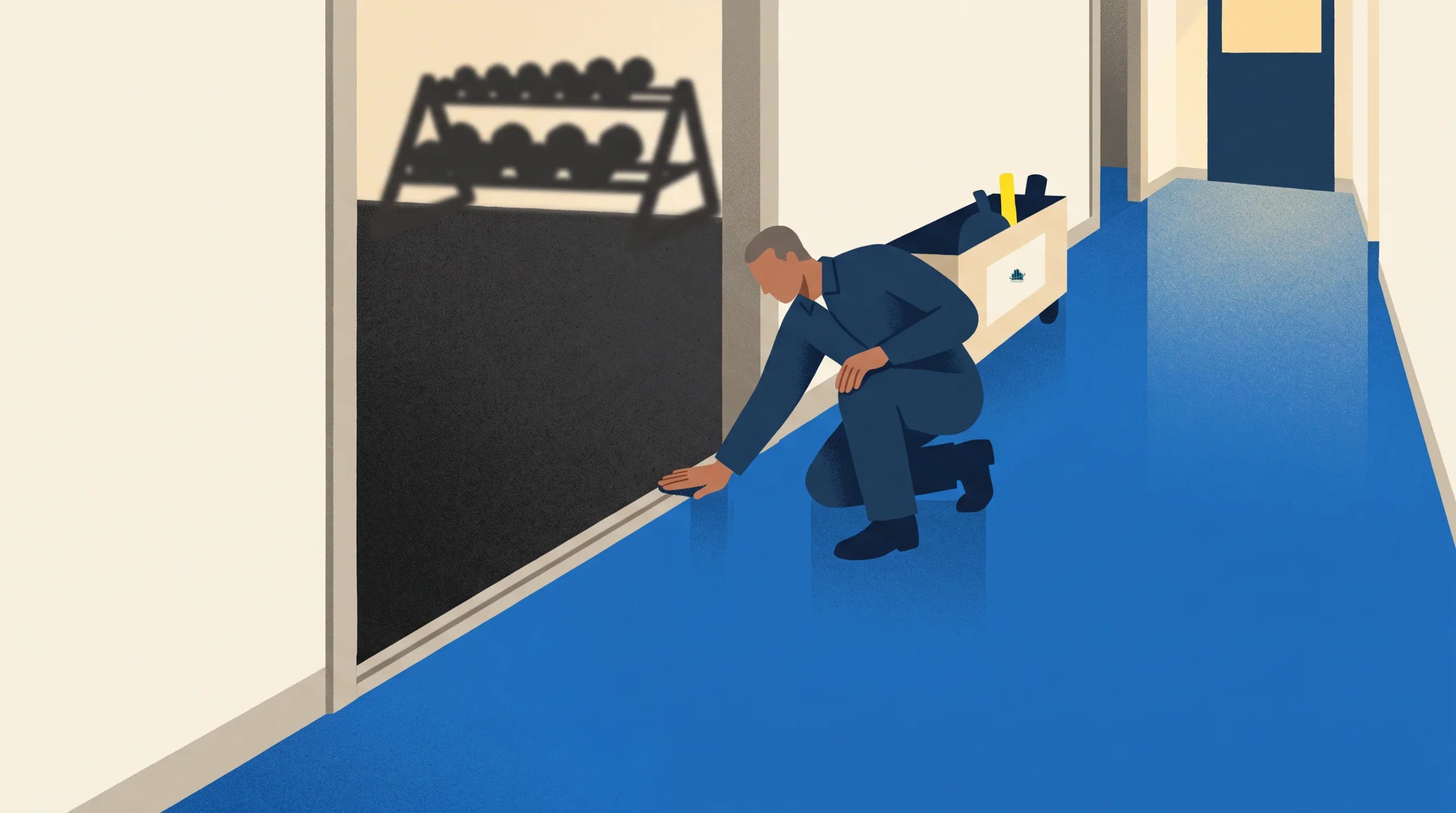 A person in a blue uniform kneels on a blue floor, inspecting the base of a glass wall. Behind the glass, there is a rack of exercise weights casting a shadow. A janitorial cart sits in the hallway nearby.
