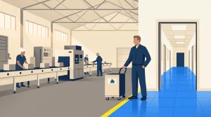 Four workers in a clean, modern factory are operating machinery and conveyor belts. One man stands near the entrance with a cart, while the others work at various stations in the spacious, brightly lit environment.
