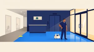 A person in blue scrubs stands on a blue floor near a window, holding a cleaning cart. Behind them are an elevator, reception desk, and a sign with a building logo. An office area is visible in the background.