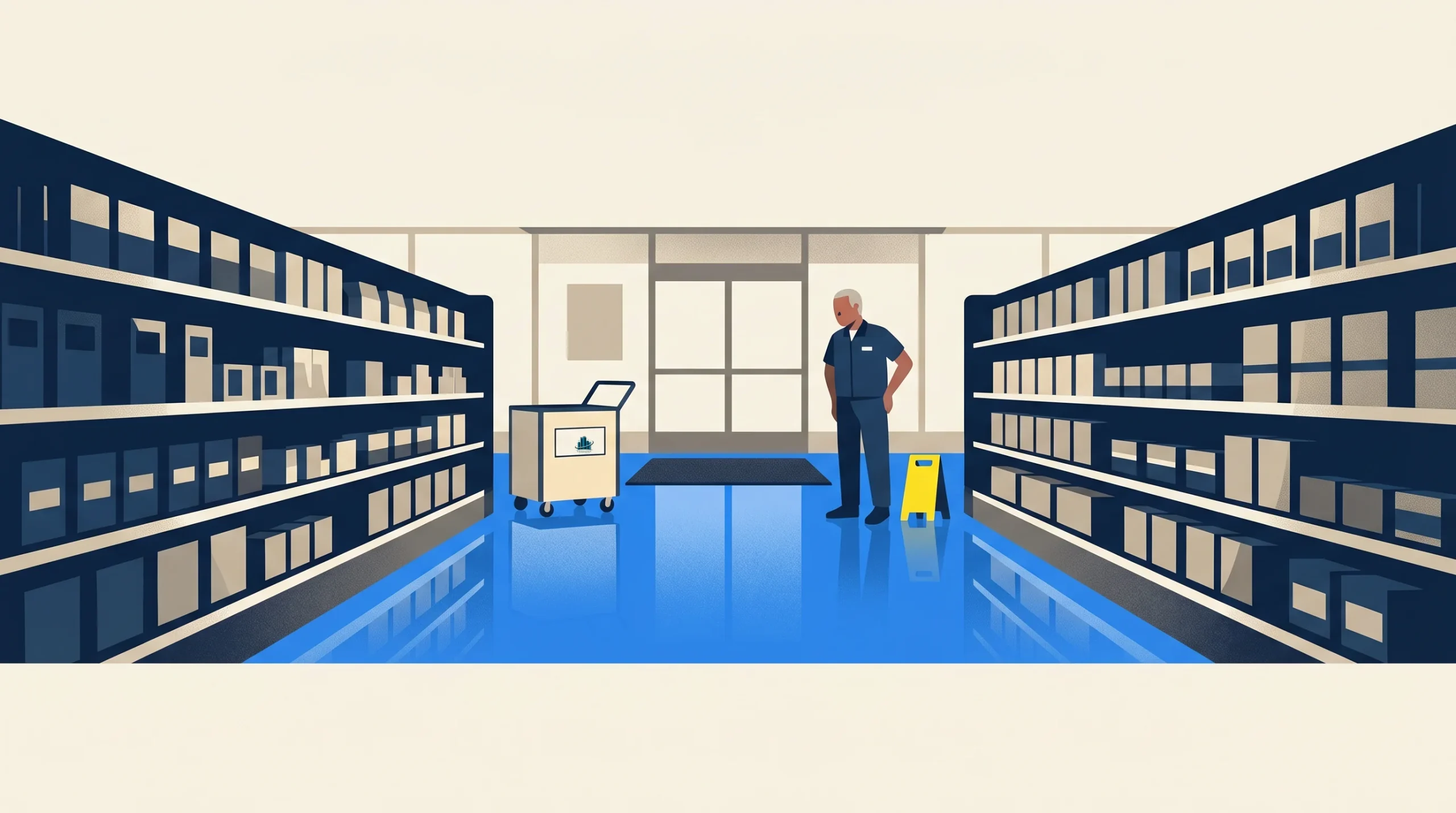 A person stands on a shiny blue floor between store shelves, next to a cleaning cart and a caution sign, with large windows and a door in the background.