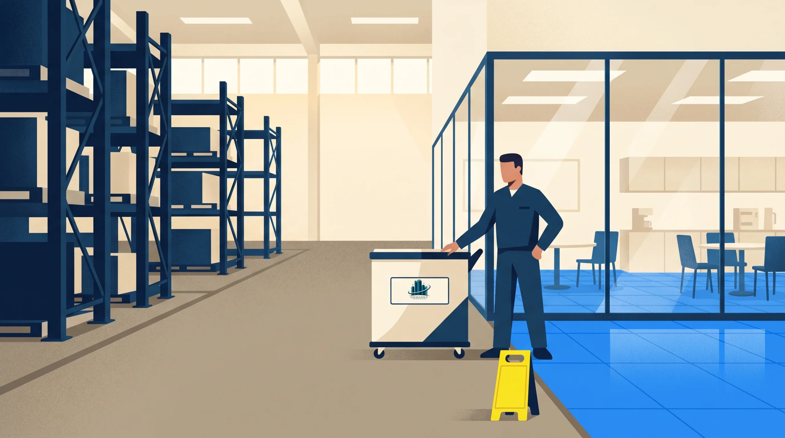 A person in work attire stands next to a cleaning cart and a yellow caution sign in a warehouse with empty shelving and a glass-walled office section. Blue flooring is visible near the office area.