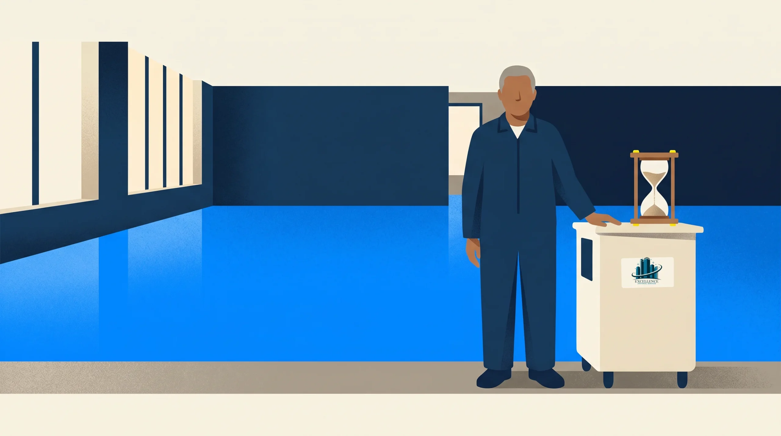 A person in blue coveralls stands by a cart with an hourglass on top in a room with blue flooring and tall windows on the left. The cart has a logo displayed on its front.
