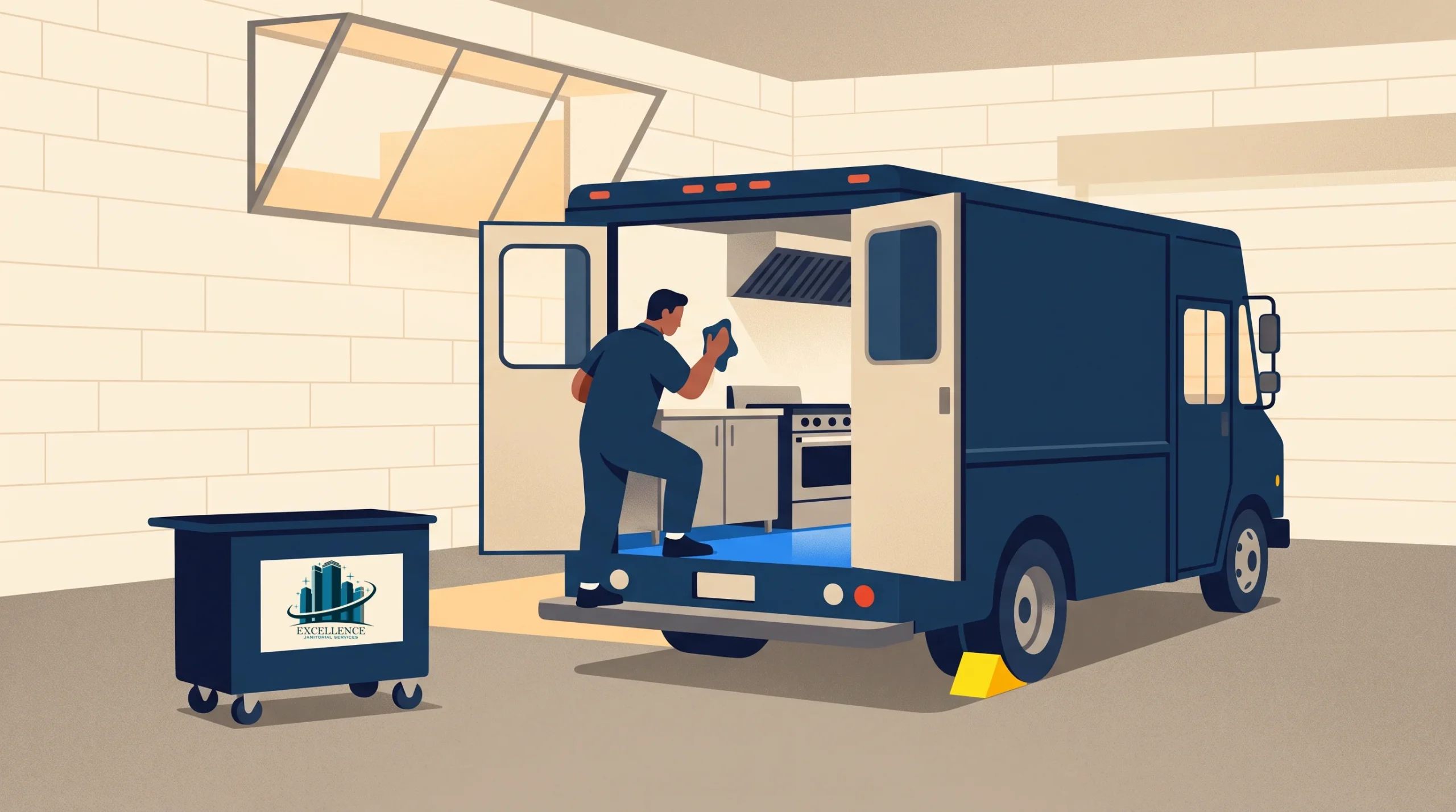 A person stands inside a blue food truck parked in a garage, checking a device. Kitchen equipment is visible inside the truck. A wheeled trash bin with a city skyline logo is nearby.