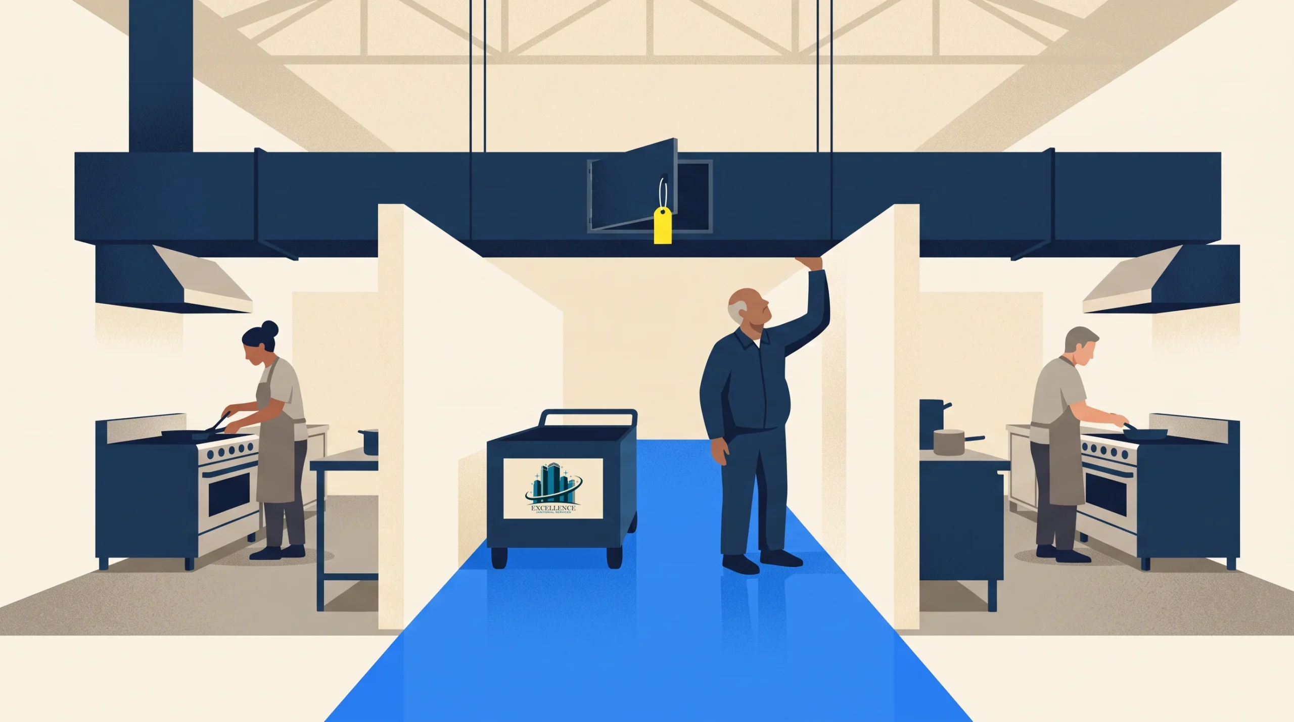 Three people work in separate kitchen areas; a man stands in the center holding a vent above his head. A cart with a building logo is nearby. The scene is indoors with blue floor and neutral walls.