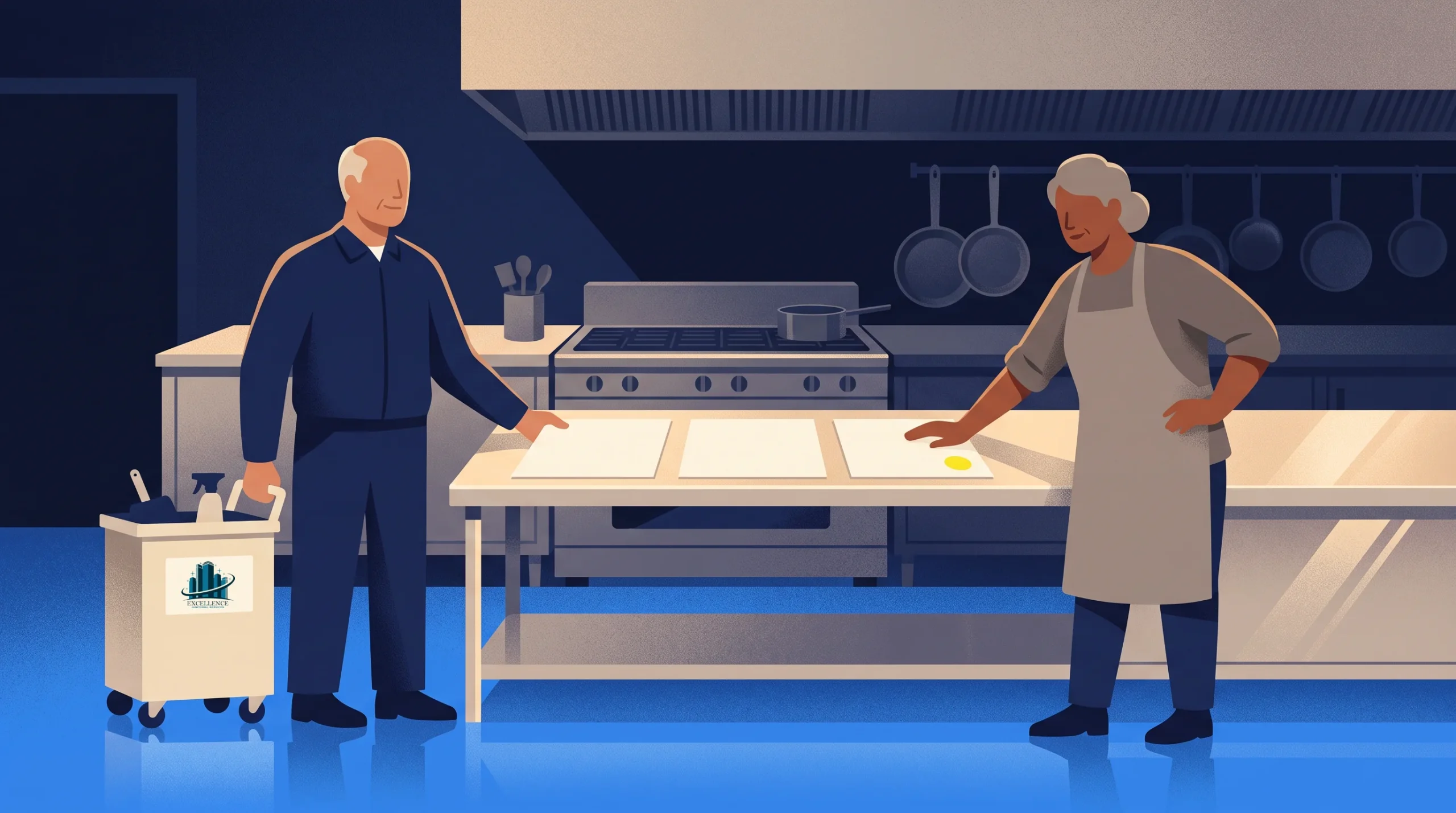 Two older adults stand in a commercial kitchen. One person wears an apron and wipes a table, while the other stands by with a cleaning cart. Cooking equipment and utensils hang in the background.
