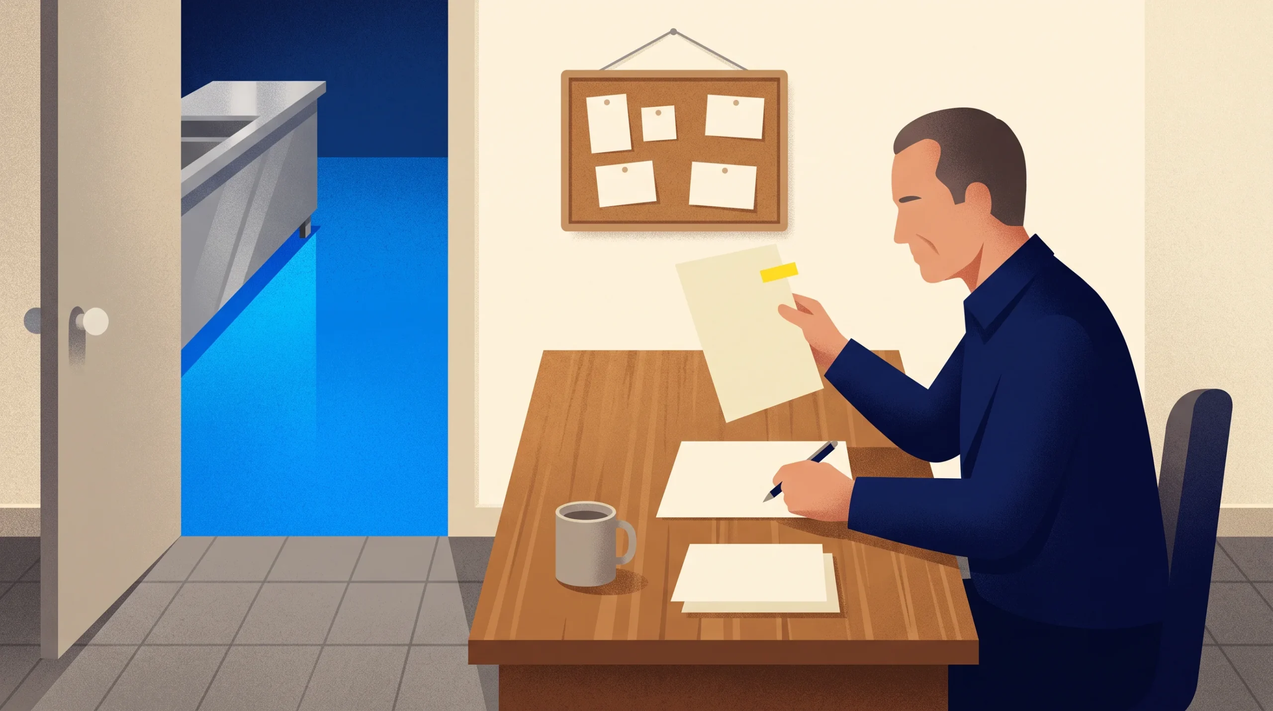 A man in a dark suit sits at a wooden desk, reviewing papers with a pen in hand. A mug is on the desk. Behind him is a bulletin board and an open door showing a bright blue-lit room with a metal sink.
