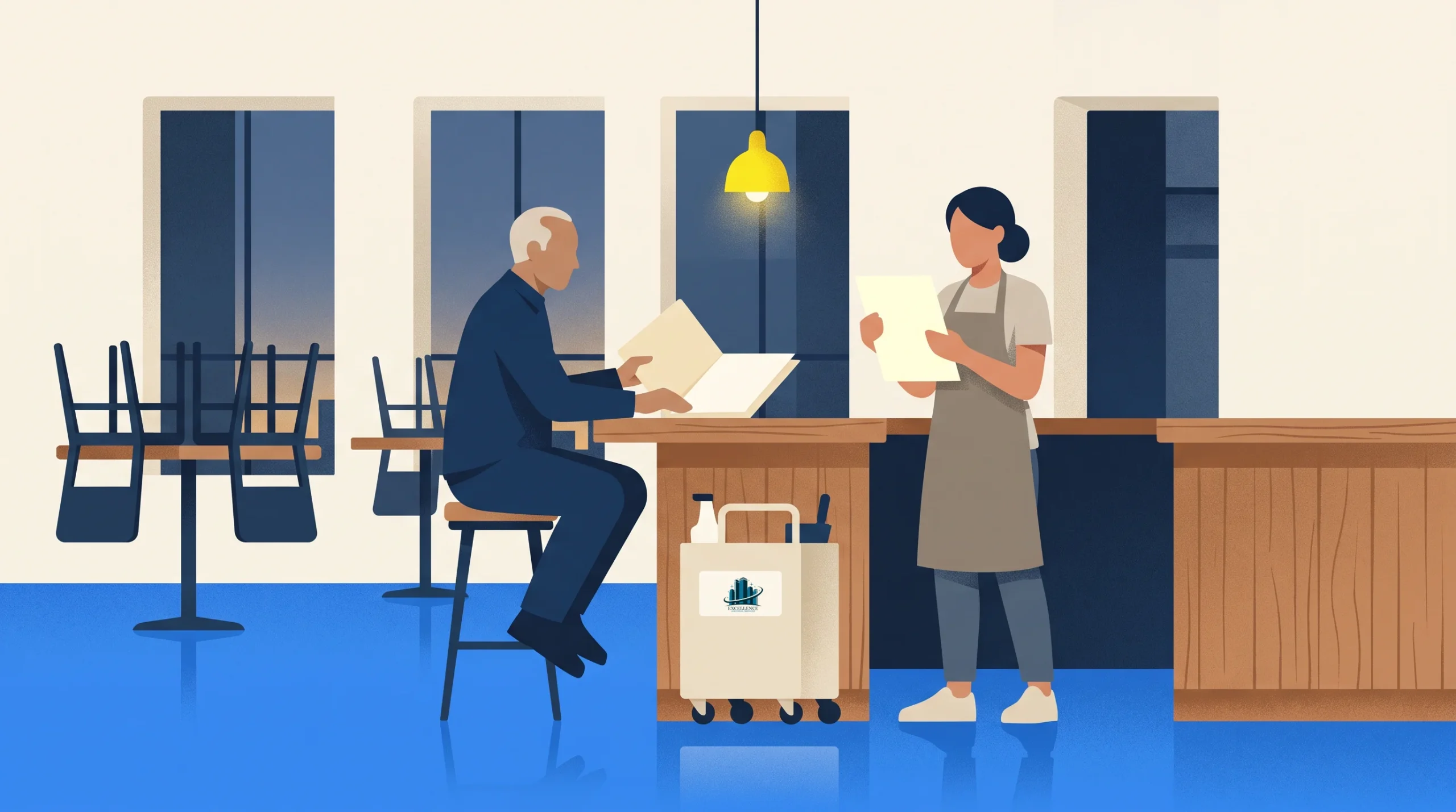 An older man sits at a counter reading a menu while a woman in an apron stands nearby holding a piece of paper. Nearby, there's a cart with cleaning supplies. The restaurant appears to be closed, with chairs stacked on tables.