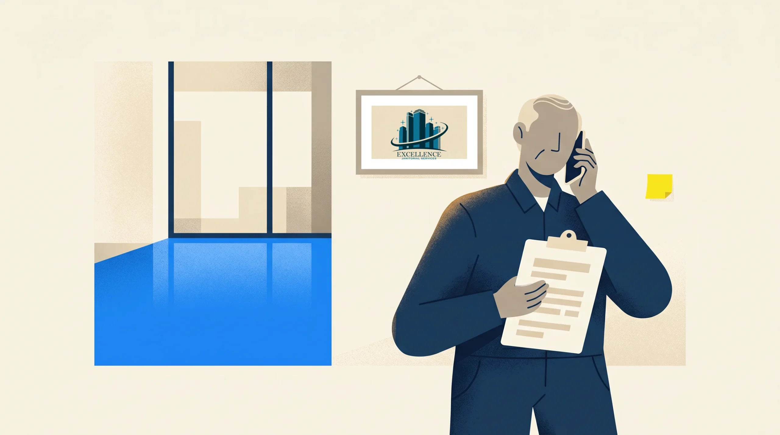 An illustrated person stands indoors holding a clipboard and talking on the phone. A framed picture hangs on the wall, a window reveals a blue-tinted floor, and a sticky note is visible nearby.