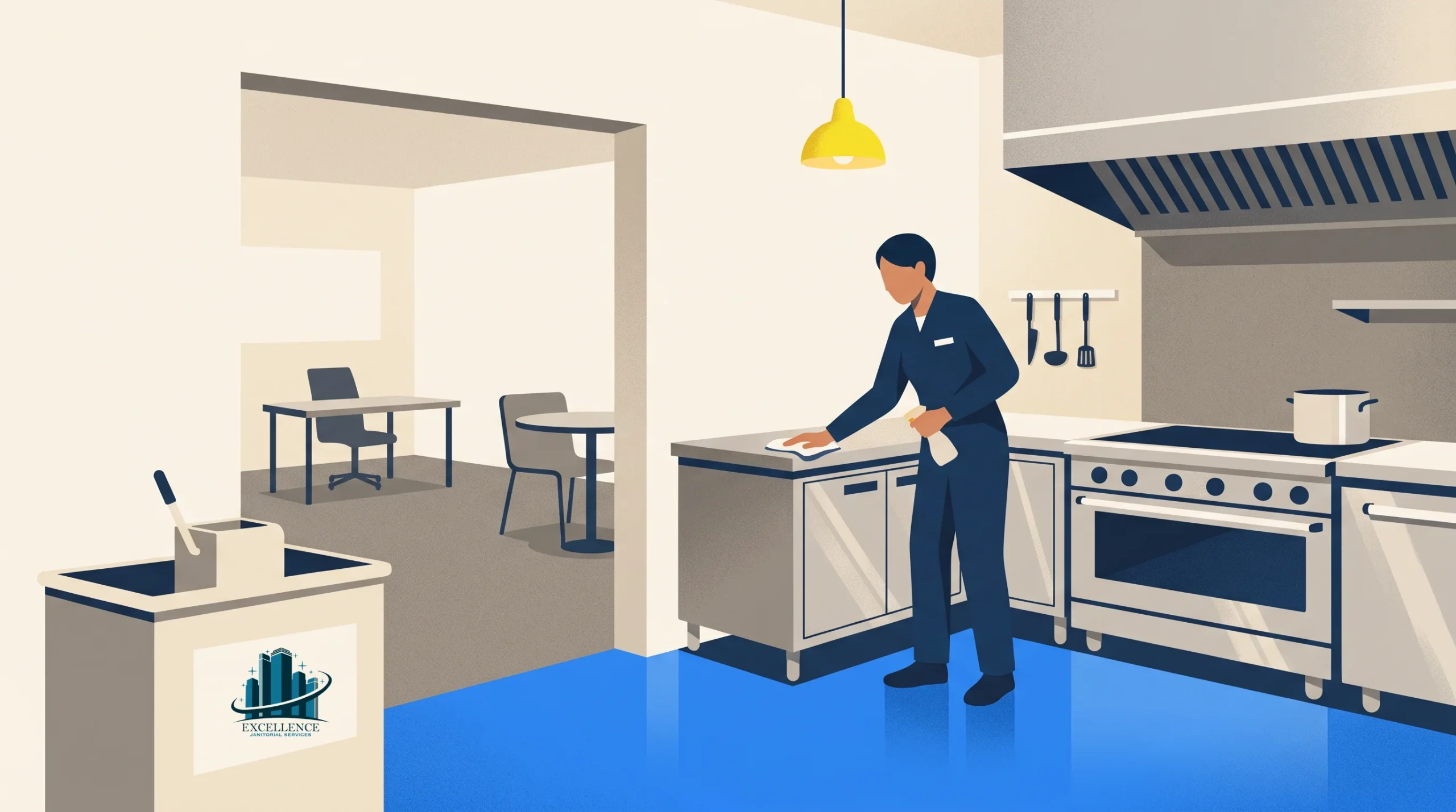 A person in uniform wipes a counter in a clean, modern kitchen with blue floors. Cooking utensils hang by a stove, and there are tables and chairs visible in an adjoining room. A logo is on a bin in the foreground.