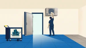 A person in uniform cleans an air conditioning unit mounted on a wall. An open door reveals light. A janitorial cart with a cleaning company logo is on the left. The floor and walls are blue and beige.