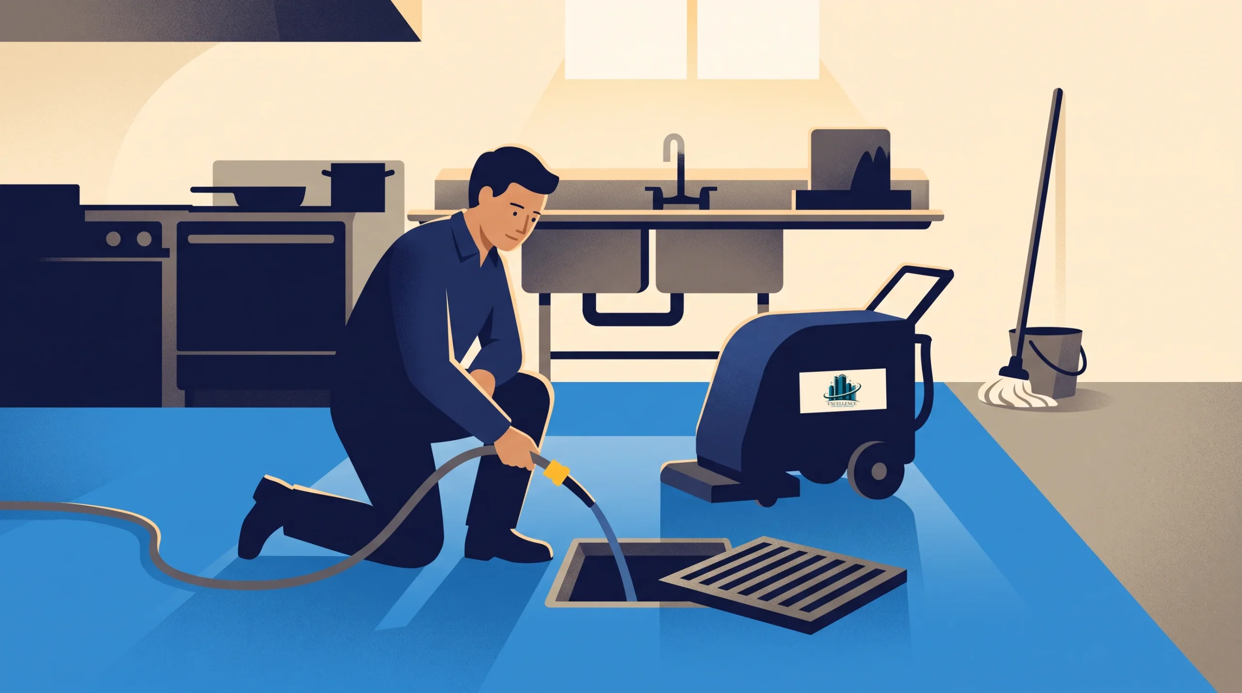 A man kneels on a blue floor in a kitchen, cleaning a drain with a hose and a cleaning machine. A sink, shelves, dishes, mop, and kitchen appliances are in the background.