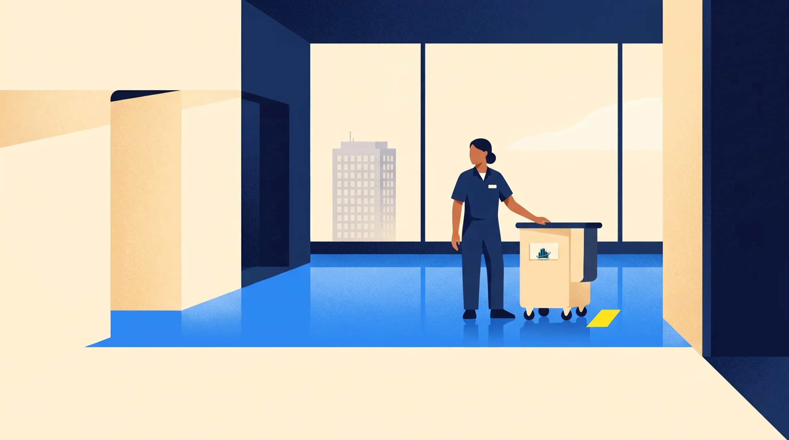 A janitor stands next to a cleaning cart and a caution sign in a modern office with large windows, through which a cityscape is visible.