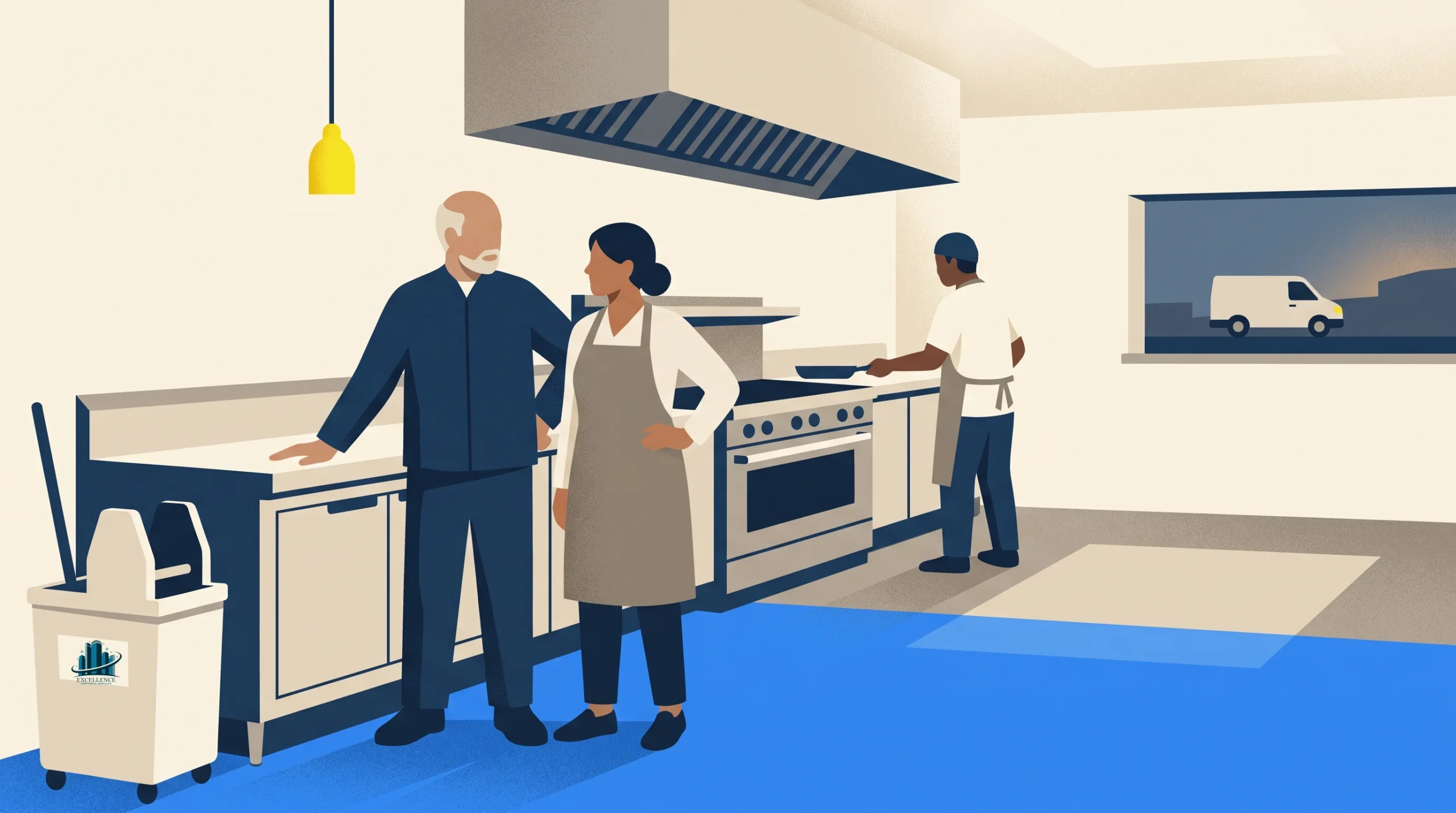 Three people are in a kitchen. Two stand near a counter, one with an arm on the other’s shoulder. The third person cooks at a stove. A cleaning cart is nearby and a van is visible outside through the window.