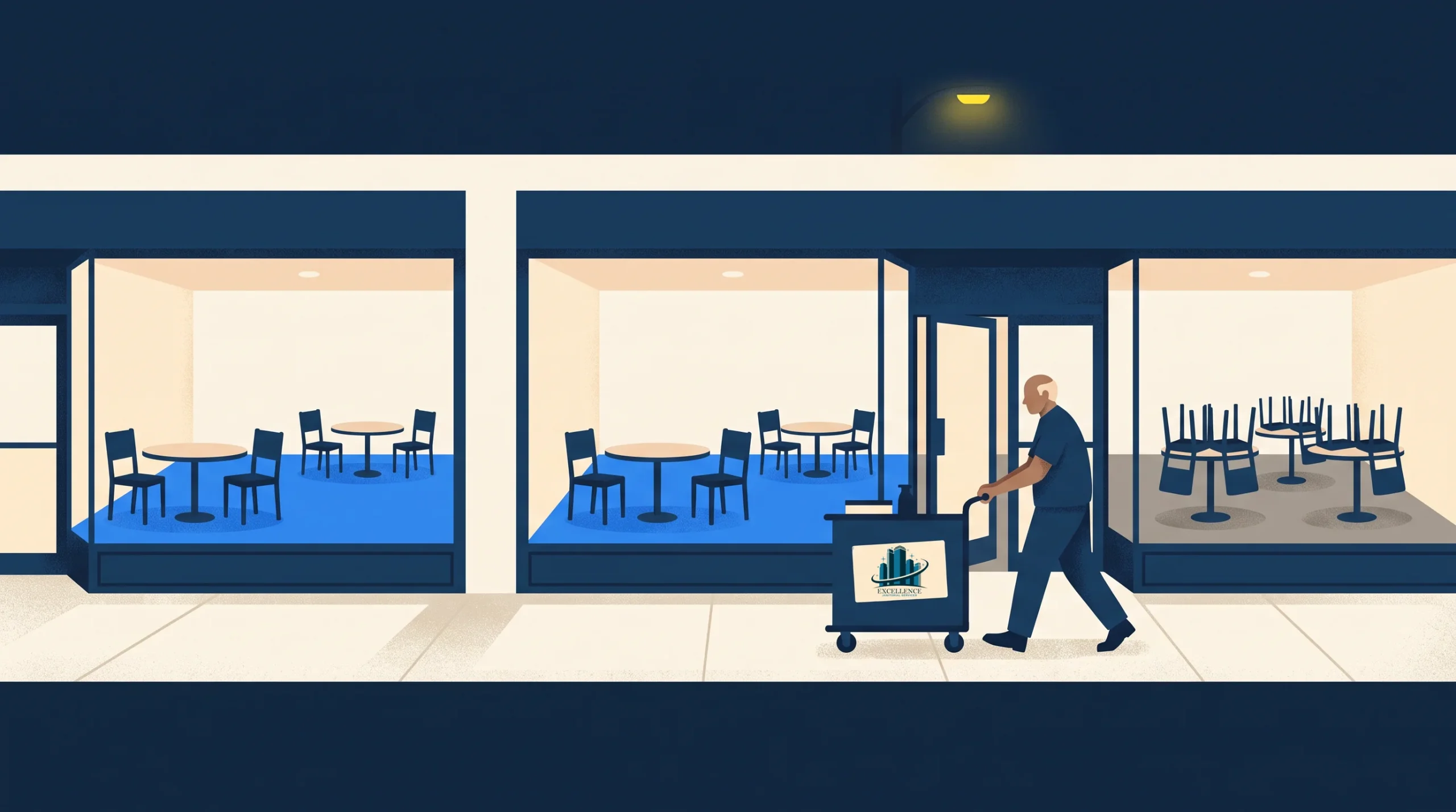 A person pushes a cleaning cart past a restaurant with empty tables and stacked chairs inside. The scene is at night, under an exterior light, with a blue and white color scheme.